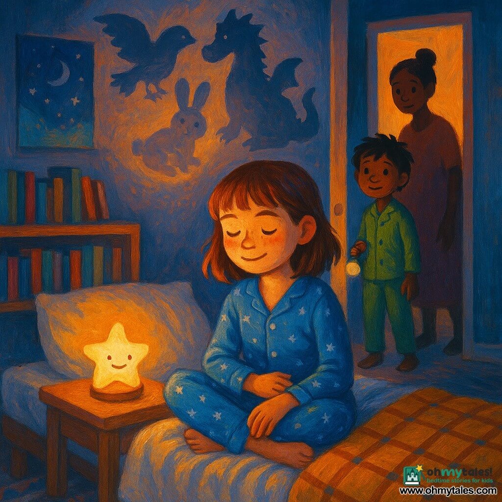 10-year-old girl centered, relaxed but focused face, shy smile, half-closed eyes, calm breathing; mid-length chestnut hair with bangs, faint freckles, blue pajama with small white stars, one hand on her stomach, seated on a bed with a cream duvet and mustard throw, legs folded, looking at a small star-shaped nightlight on the bedside table. The nightlight emits warm yellow-orange light with a soft halo that lights her face and casts shadows with purple and blue tones. Little brother (about 6) stands in the doorway with messy black hair, green pajamas, reassuring smile, holding a small flashlight in his left hand. Mother (about 35) stands behind the frame, soft silhouette, hair in a bun, simple dress, looking kindly at the girl. On the wall, sharp silhouettes of a bird, a lumpy dragon and a plump rabbit with slightly exaggerated outlines. The cozy, tidy room has a light wood shelf with colorful books, a starry-sky poster, geometric rug and a window showing a deep night sky; overall soft contrast between the warm nightlight and deep blue room, visible acrylic texture with thick brushstrokes and saturated colors.