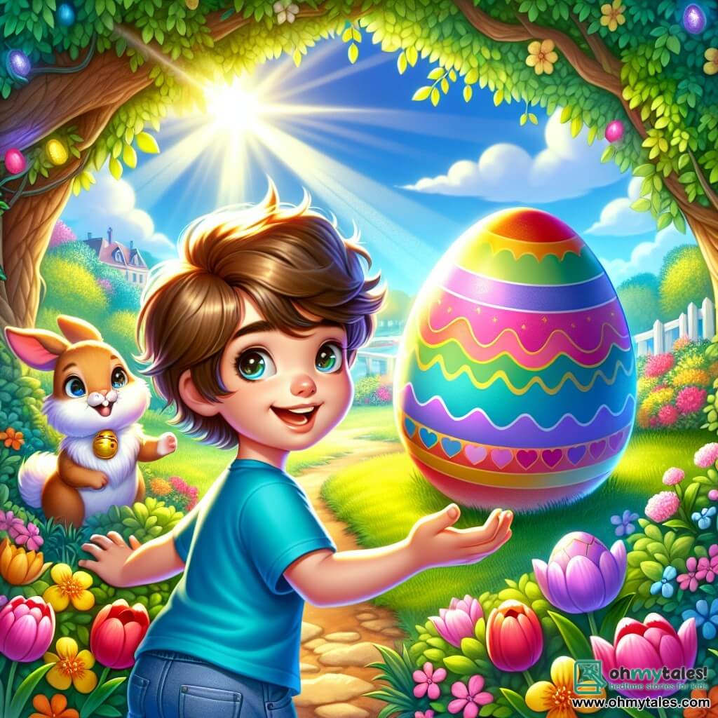 A 10-year-old boy with messy brown hair and sparkling curious eyes stands in the center of a sunny garden, a big smile on his face. He wears a bright blue t-shirt and denim shorts, reaching out towards a giant Easter egg, shining with rainbow colors. Next to him, a small golden-furred rabbit with a sparkling bell around its neck looks at him mischievously, ready to lead him on a magical adventure. The garden is filled with vibrant flowers, pink and yellow tulips, and hidden Easter eggs behind lush bushes. The sky is a bright blue, dotted with a few fluffy white clouds. The scene exudes a joyful and magical atmosphere as he discovers the mysterious egg under the old apple tree, ready to begin his Easter mission.