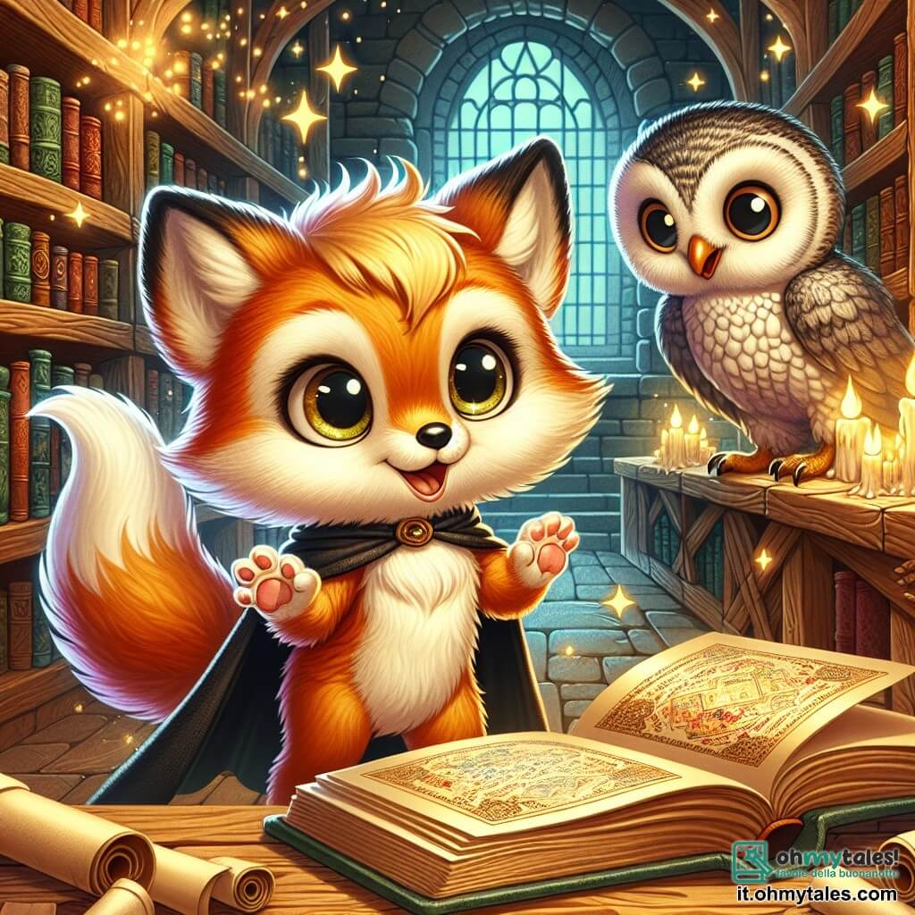 Una piccola volpe dal pelo dorato, con grandi occhi curiosi e orecchie a punta, si trova al centro di una vecchia libreria magica, con le zampe anteriori appoggiate su un libro antico aperto. Esprime meraviglia, gli occhi brillanti di eccitazione di fronte alla scoperta. Accanto a lui, un saggio gufo dalle piume grigie e occhiali rotondi, posato su uno scaffale, guarda la volpe con un sorriso benevolo, gli occhi scintillanti di saggezza. La libreria è piena di scaffali in legno carichi di libri colorati, luci scintillanti fluttuano nell'aria e rotoli di pergamena sono sparsi su un tavolo di legno usurato. La scena principale mostra la volpe che scopre un libro misterioso che rivela segreti di magia, mentre il gufo lo incoraggia a esplorare le meraviglie di questo mondo fantastico.
