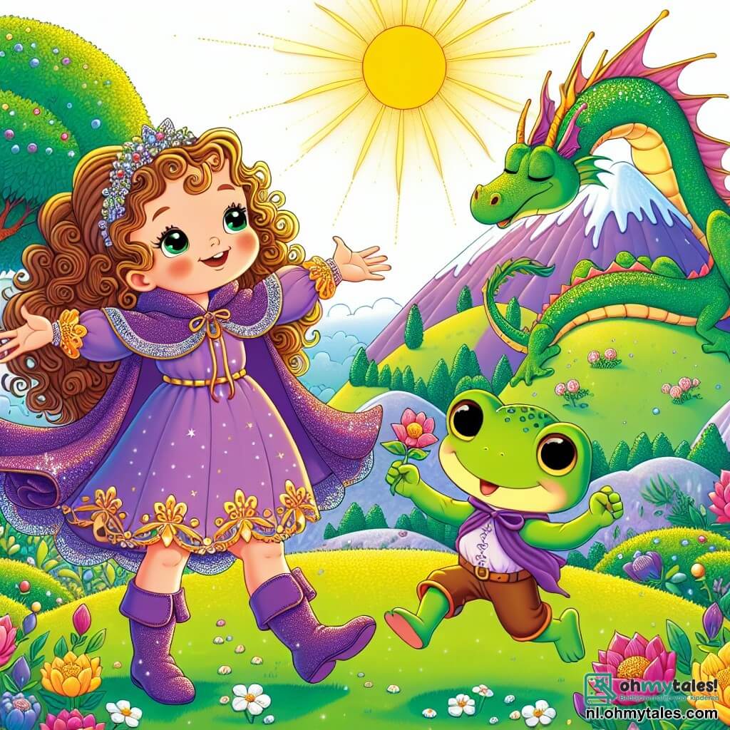 Een klein meisje van 4 jaar, genaamd Sofie, met prachtige krullende haren en een grote paarse cape, glimlacht vol verwondering. Ze staat bovenop een groene heuvel, met haar armen wijd open, klaar om de zon te verwelkomen die aan de horizon opkomt. Naast haar staat een jongetje van 5 jaar, Henri de kikker, met glanzende groene huid en grote ronde ogen, die vrolijk springt terwijl hij een klein bloemetje in zijn pootjes vasthoudt. Hij staat vlakbij Sofie en kijkt opgewonden naar de lucht. Op de achtergrond ligt een grote slapende draak met glinsterende schubben en uitgespreide vleugels vredig op een berg, terwijl kleurrijke bomen en bloemen dansen op de wind. De hoofdscène toont Sofie en Henri, beiden verwonderd, terwijl ze vol verwachting wachten tot de draak de zon wakker blaast en zo het magische landschap om hen heen verlicht.