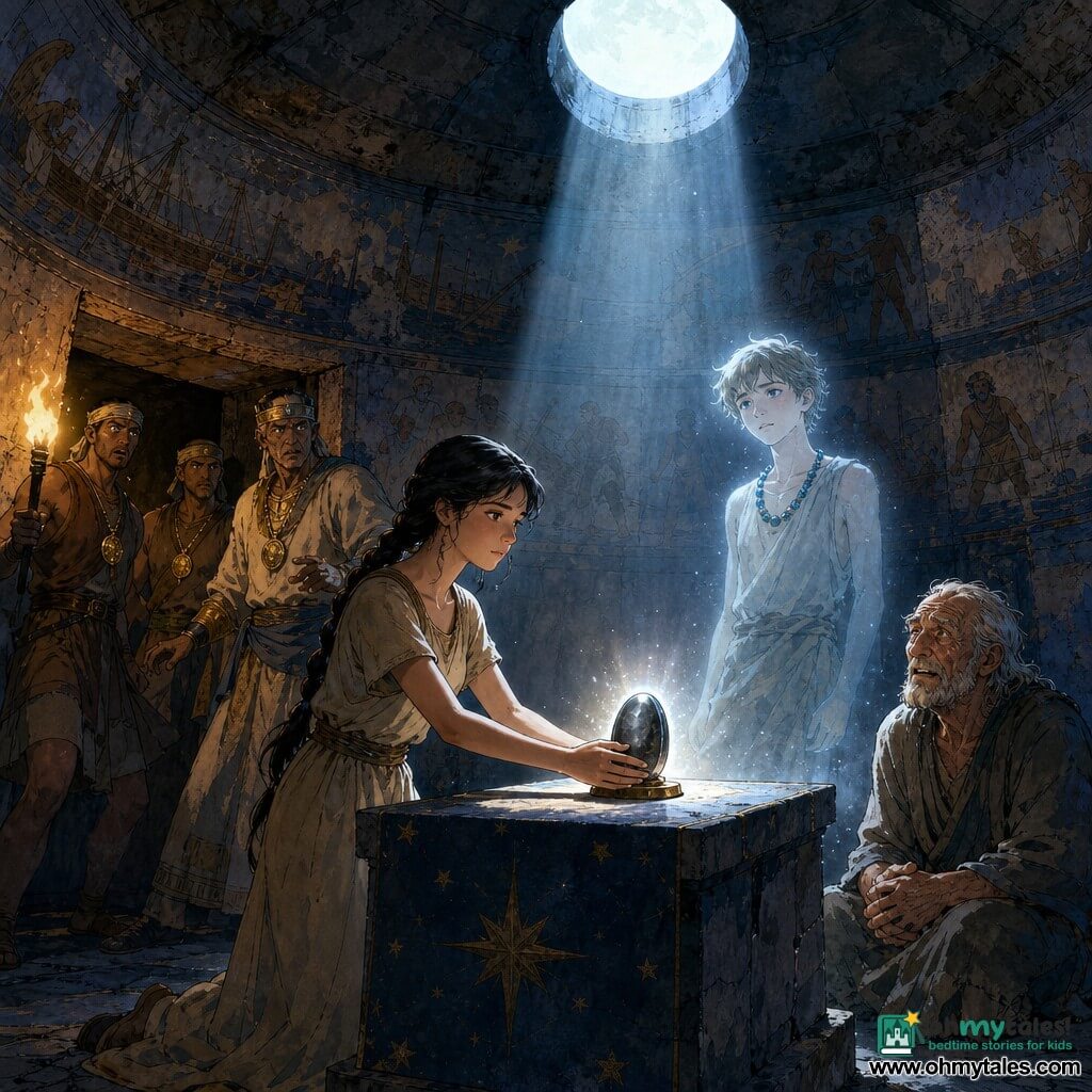 Main woman Nefra, a young girl with a determined yet gentle face, dark shining eyes, black braid and dusty beige linen dress, places a small dark oval cartouche on a stone altar with delicate hands, calm courage visible; secondary characters: Bek, an about 70-year-old wrinkled man in ash-colored worn clothes, sits near the tomb entrance with relieved, wet eyes and hands on his knees; a spectral boy of about 14 with slightly luminous skin and blue beads at his neck, grateful, floats at the edge of the moonbeam; a priest and two adult guards with severe faces, golden amulets and linen headbands hold torches in the dome entrance shadow, surprised and recoiling; setting: a domed funerary chamber carved from stone with cold flagstone floor, faded painted panels of boats and workers and a circular ceiling opening casting a silver moonbeam on the starry altar, hieratic hieroglyphs carved around; main moment: a dramatic, peaceful instant as the cartouche glows with a soft silvery light, tension between moonlight and torches with sharp blue‑gold shadow contrasts, an atmosphere of revelation and restored justice.