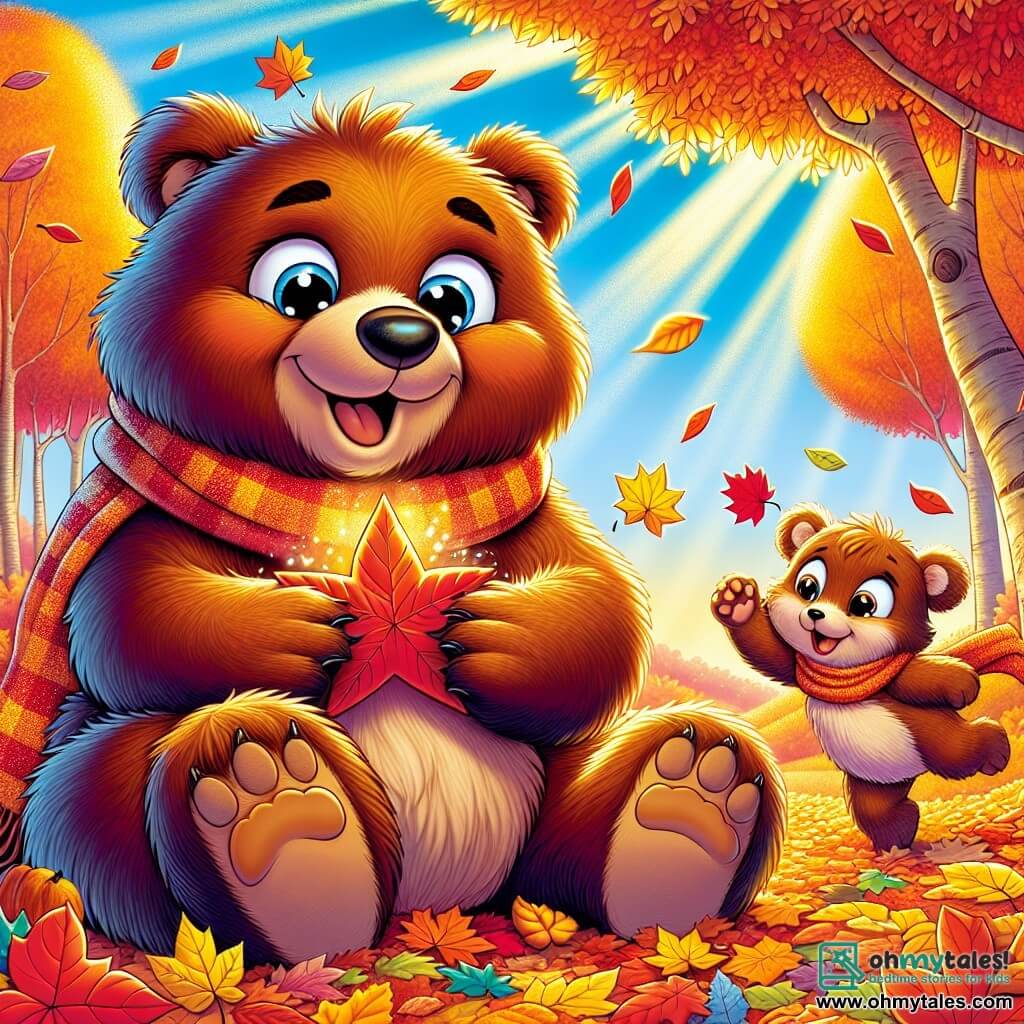 Bramble, a brown bear with sparkling eyes and soft fur, is sitting on a carpet of golden leaves, a big smile on his face. He holds a star-shaped red leaf in his paws, marveling at its beauty. Next to him, his little sister Tilly, a cream-furred cub with pointy ears, jumps for joy, her eyes shining with curiosity. She wears an orange scarf that flutters in the wind. The setting is a vibrant autumn forest, with majestic trees displaying fiery leaves ranging from bright red to brilliant orange. The ground is covered with a thick carpet of crunchy leaves, and the sky is a clear blue dotted with fluffy white clouds. The scene depicts Bramble and Tilly exploring the magic of autumn, surrounded by bright colors and a joyful atmosphere, as sunlight filters through the branches, illuminating their adventure.