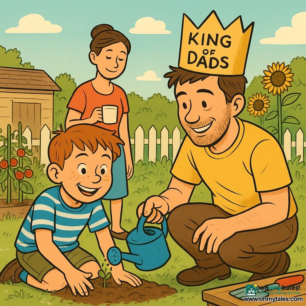 A cheerful 10-year-old boy with a round freckled face and short tousled light-brown hair kneels in the soil, placing a small seed with a dirt-dusted hand; a smiling 35–45-year-old man (father) with stubble and messy brown hair wears a paper crown reading King of Dads and crouches beside him holding a small blue watering can at the edge of the hole; a smiling 30–40-year-old woman (mother) with her hair in a bun stands near the garden door holding a cup of coffee and watching fondly; the sunny backyard garden has a white wooden fence, rows of red tomatoes and bean supports, tall sunflowers, a small dusty wooden shed, a dewy lawn and tools on a wooden table, and the scene conveys a tender, joyful, warm-toned moment with clear lines and hopeful intimacy.