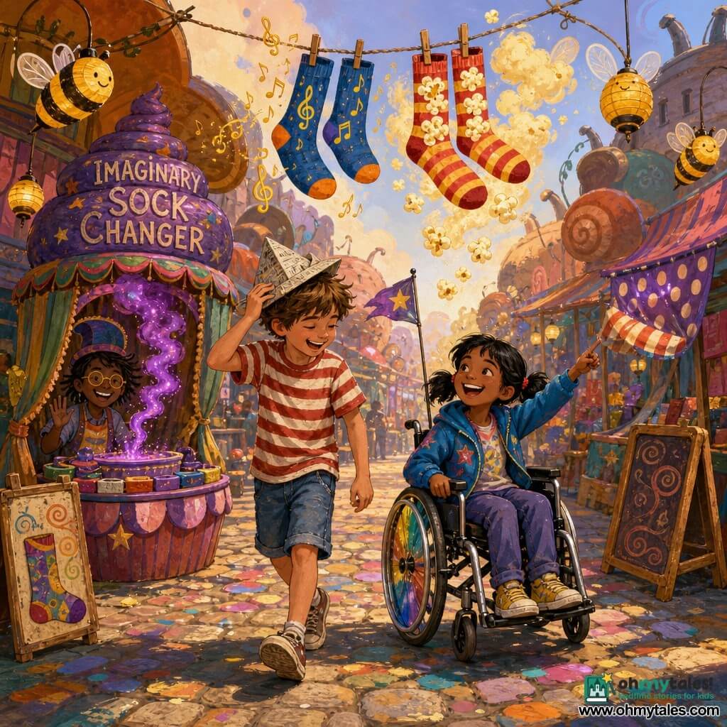 Two children, about nine: a tousled light-brown-haired boy in a red-and-white striped tee, denim shorts and worn shoes holding a paper hat on his head and laughing while looking down to his right, slightly forward; and a black-haired girl in pigtails wearing a bright blue jacket in a shiny wheelchair with a small flag, smiling broadly and pointing left with her hand at a floating lantern. They stand in a narrow alley turned magical market with curved stalls, bee-shaped floating lanterns, colorful striped and dotted fabrics and leaning wooden signs, bathed in warm late-afternoon light. In front of them is a small cupcake-shaped booth labeled IMAGINARY SOCK CHANGER with violet glitter smoke, imaginary socks hanging on a line above: one pair produces piano-note sounds represented by tiny golden treble clefs with each step, the other emits a light popcorn-scented mist shown as yellowish clouds and drawn kernels, creating a whimsical, absurd, highly saturated scene.