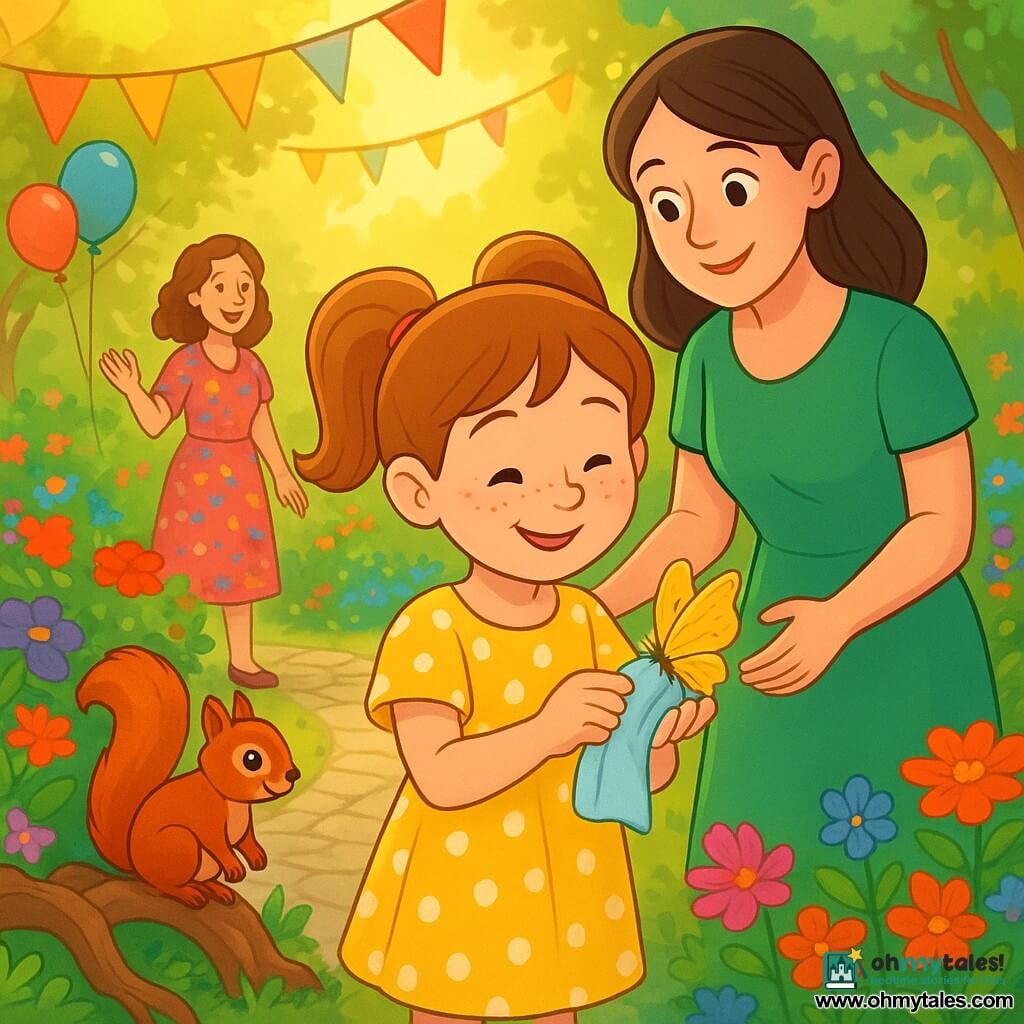 A joyful, focused 6-year-old named Lily with a round freckled face and light brown pigtails, wearing a yellow polka-dot dress and red boots, holds a small golden butterfly with slightly damaged wings on her palm; her smiling, attentive mother (about 30–35) with loose brown hair in a green dress stands behind ready to help; a small red squirrel perches on a nearby root watching; a festival organizer (woman, ~40) in a colorful floral outfit stands a few steps away calling an animal caretaker; the scene is in a bright festival garden with paved paths, vivid flower beds, floating balloons and garlands, and golden sunlight through the foliage — Lily gently tends the butterfly with a light scarf in an intimate, tender moment filled with gentleness, hope, and wonder.