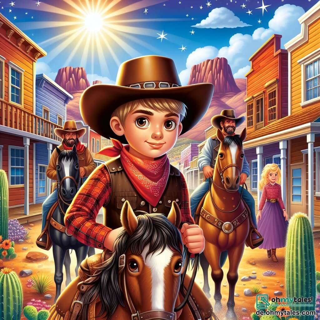 Im Zentrum des Bildes steht ein junger Cowboy namens Timmy, ein etwa 10-jähriger Junge, der einen großen Cowboyhut und ein rotes kariertes Hemd trägt. Sein Gesicht strahlt ein breites Lächeln aus, das seine Entschlossenheit und seinen Mut zeigt. Er hält die Zügel seines braunen Pferdes Blitz, das eine wellige Mähne und lebhafte Augen hat, fest in der Hand. Neben ihm ermutigt ihn ein anderer Cowboy, ein Mann in den Dreißigern mit einem braunen Bart und einem roten Bandana um den Hals, mit einem stolzen Blick. Er trägt eine Lederweste und ist bereit, die Stadt zu verteidigen. Im Hintergrund beobachtet ein etwa 8-jähriges Mädchen mit geflochtenem blonden Haar die Szene mit weit aufgerissenen Augen, voller Bewunderung für Timmy. Die Szene spielt in einer kleinen Stadt im Wilden Westen, mit bunten Holzbauten, verstreuten Kakteen und einem strahlend blauen Himmel. In der Ferne sind majestätische Berge unter einer strahlenden Sonne zu sehen. Die Hauptsituation zeigt Timmy und seine Cowboyfreunde, die sich mutig einer Gruppe von Banditen entgegenstellen, die auf Pferden nähern, bereit, ihre Stadt zu verteidigen. Der entschlossene Gesichtsausdruck von Timmy steht im Kontrast zur bedrohlichen Miene der Banditen und schafft eine Atmosphäre von Spannung und Abenteuer.
