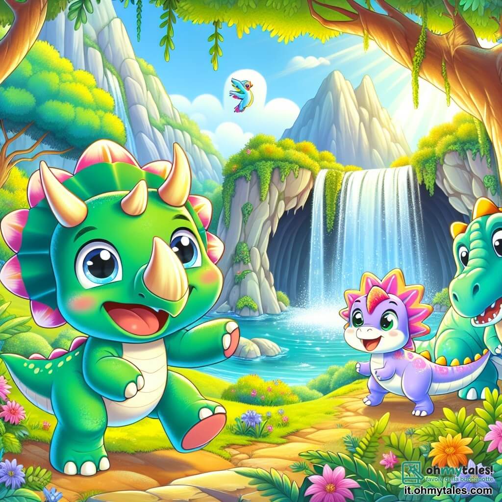 Un tricératops di nome Tito, con una pelle verde brillante e tre corna maestose sulla fronte, si trova felicemente accanto a una cascata scintillante. I suoi grandi occhi brillano di eccitazione e il suo sorriso mostra la determinazione a vivere nuove avventure. Accanto a lui, Didi, un parasaurolofo dai colori pastello con una cresta colorata, salta di gioia, ridendo e condividendo l'entusiasmo di Tito, mentre il saggio Saggio, uno stegosauro con placche dorsali rosa, li osserva sorridendo, seduto vicino alla grotta. Il paesaggio è una valle nascosta, circondata da maestose montagne, con alberi dalle foglie vibranti e fiori multicolori sparsi sul terreno. La luce del sole filtra attraverso i rami, creando riflessi scintillanti sull'acqua della cascata. La scena mostra Tito e i suoi amici pronti ad entrare nella misteriosa grotta, impazienti di scoprire i segreti dell'alleato leggendario, simboleggiando amicizia e avventura.