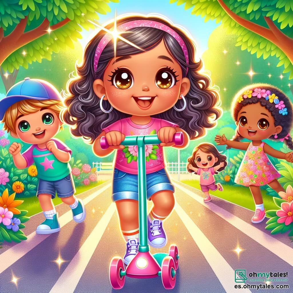 Una niña de 2 años, Lucía, con grandes ojos brillantes y cabello rizado, sonríe alegremente en su patineta rosa. Lleva una camiseta colorida y un short de mezclilla, y su rostro expresa emoción y determinación. A su lado, Pedro, un niño de 3 años con cabello castaño y una gorra azul, la anima levantando los brazos, listo para la carrera. Ana, otra niña de 3 años con trenzas y un vestido de flores, aplaude entusiasmada, lista para apoyar a sus amigos. La escena tiene lugar en un parque soleado, con árboles verdes, flores coloridas y un camino de concreto liso, perfecto para patinar. Lucía y sus amigos se preparan para una gran carrera de patineta, todos sonrientes y llenos de energía, listos para lanzarse por el camino, rodeados de entusiasmo y amistad.