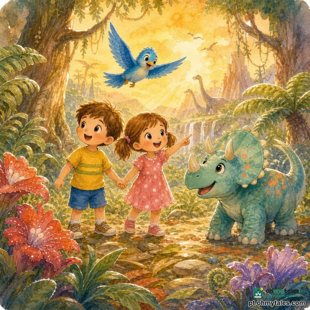 Há quatro personagens: um menino, Lucas, 4 anos, cabelo castanho curto, camiseta amarela com riscas verdes e calções azuis, segurando a mão de Inês e olhando maravilhado para a esquerda; uma menina, Inês, 4 anos, cabelo castanho em rabo de cavalo duplo, vestido rosa com bolinhas brancas, sorrindo e apontando à frente, à direita de Lucas; um pequeno dinossauro amigável tipo triceratops, pele verde-água com manchas laranja, à frente em baixo à direita abanando a cauda como convite para brincar; e um pássaro falante azul, plumagem azul-azur e olhos vivos, voando acima ao centro com asas abertas a direcionar a atenção para a paisagem. Local: uma clareira pré-histórica colorida com árvores enormes de troncos rugosos, samambaias gigantes e flores exageradas vermelhas e roxas; chão coberto de folhas gigantes e seixos, céu dourado com raios de sol suaves entre os ramos. Situação: as duas crianças descobrem maravilhadas um mundo do passado, de mãos dadas e rindo, cercadas pelo dinossauro que convida ao jogo e pelo pássaro que guia a aventura; cores quentes, formas arredondadas, atmosfera alegre e segura.