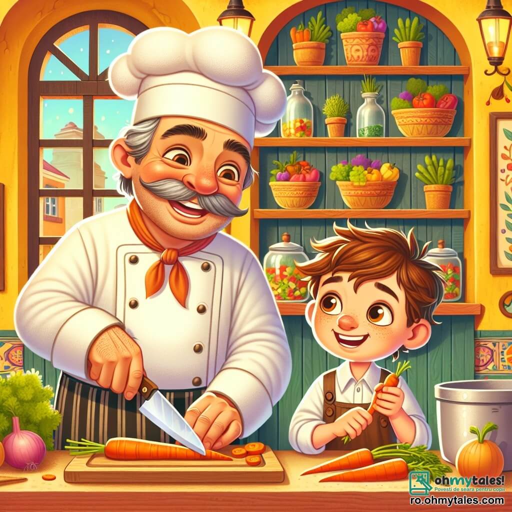 Chef Mircea, un bărbat jovial de aproximativ cincizeci de ani, cu o bonetă albă și un zâmbet strălucitor, stă în spatele unui tejghea din lemn, tăind morcovi cu un cuțit strălucitor. Ochii săi strălucesc de bucurie și entuziasm în timp ce îi învață pe un băiețel. Vlad, un băiat de 8 ani cu părul brunet în dezordine și ochi curioși, stă lângă Chef Mircea, ținând cu grijă un cuțit mic, concentrat pe sarcina sa. Se uită cu admirație la chef în timp ce încearcă să taie un morcov. Locul este un bistro călduros, cu pereți vopsiți în galben viu, rafturi pline cu borcane colorate și ierburi aromatice suspendate de tavan. O fereastră mare lasă să intre lumina soarelui, iluminând scena cu o strălucire blândă. Situația principală arată cum Chef Mircea și Vlad pregătesc împreună o supă, înconjurați de legume proaspete, cu râsete și bună dispoziție în aer, creând o atmosferă veselă și prietenoasă.