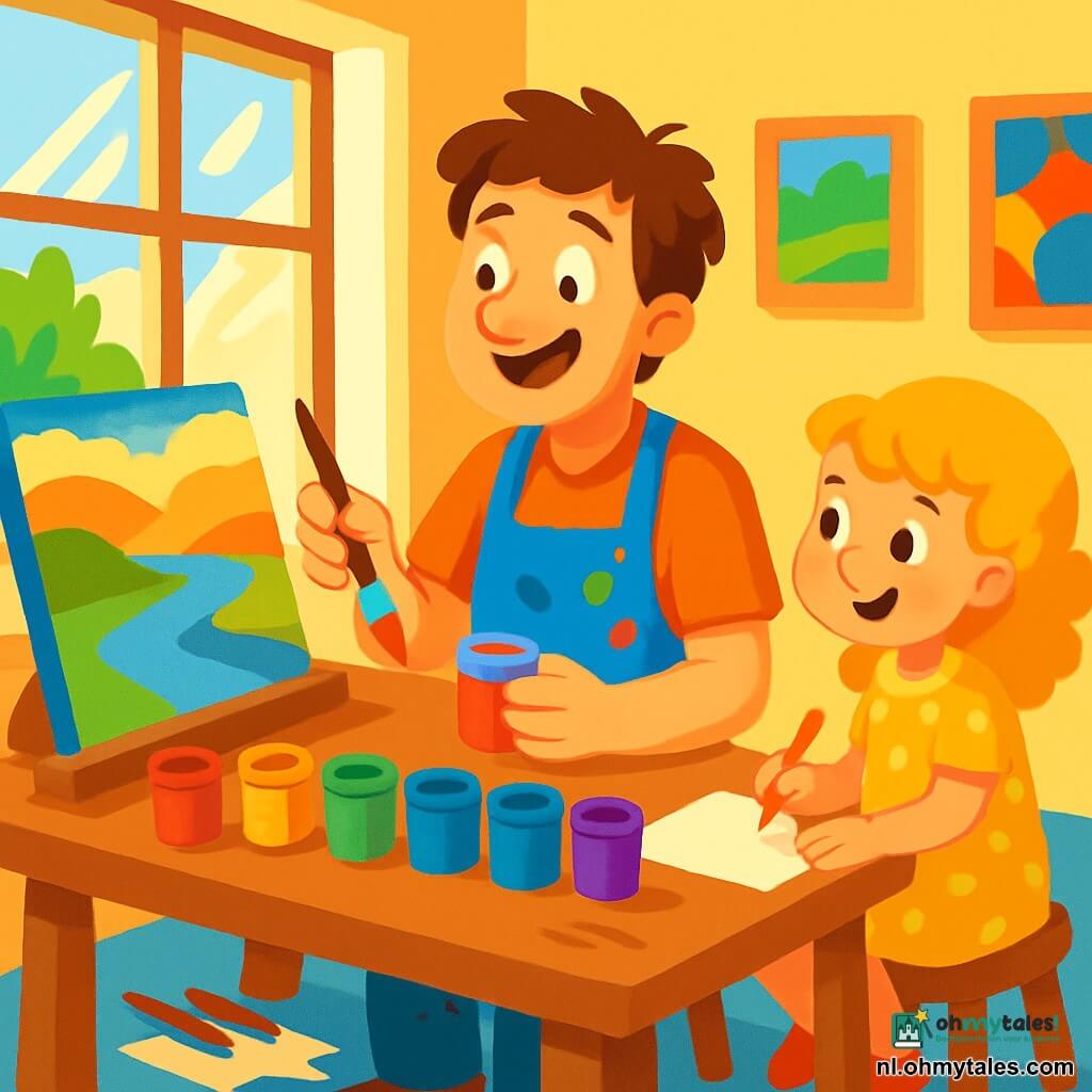 Een man, genaamd meneer Bram, zit aan een houten tafel in zijn atelier. Hij heeft rommelig bruin haar en draagt een felblauw schort dat met verf is besmeurd. Zijn gezicht straalt van blijdschap, zijn ogen fonkelen van opwinding terwijl hij een penseel in de ene hand en een verfpot in de andere houdt. Naast hem kijkt een klein meisje van ongeveer 6 jaar, met krullend blond haar, verwonderd toe. Ze draagt een gele jurk met stippen en houdt een kleurpotlood vast, klaar om te tekenen. Ze zit op een klein krukje en observeert aandachtig het werk van meneer Bram. Het atelier is gevuld met licht, met grote open ramen die de zon binnenlaten. Kleurrijke doeken hangen aan de muren en verfpotten in alle kleuren liggen verspreid over de tafel. De vloer is bedekt met papier en penselen. Meneer Bram laat het meisje zien hoe ze een rivier kan tekenen die in de verte smaller wordt, terwijl de lucht oplicht met warme kleuren. Ze zijn beiden verdiept in de kunst, terwijl ze een moment van creativiteit en vreugde delen.