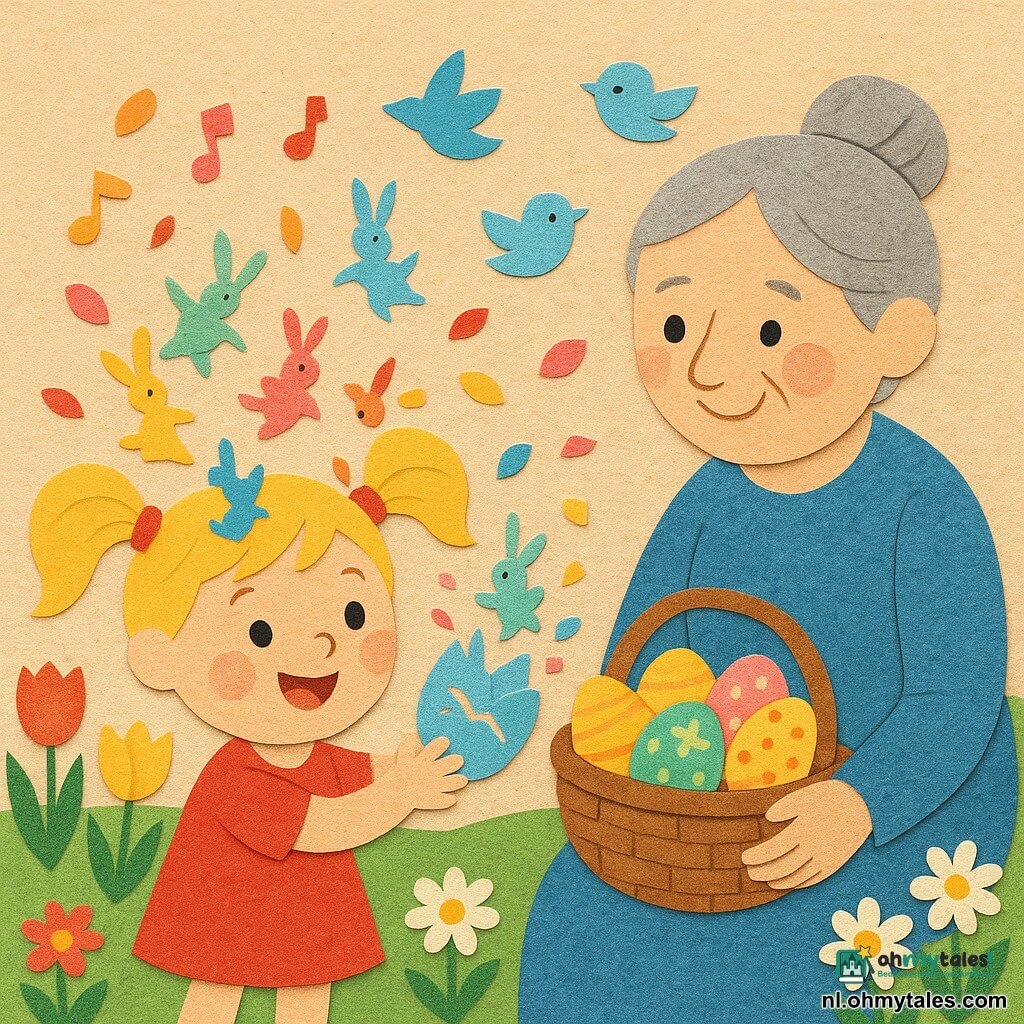 Een vrolijk en verwonderd 4-jarig meisje met blonde couettes houdt een open blauw ei vast waaruit kleine konijn-confetti springen; naast haar zit een lieve, glimlachende grootmoeder van ongeveer 65 met grijs haar in een knot en een gevulde rieten mand met beschilderde eieren (geel, groen, roze met eenvoudige stippen, strepen en bloemen) terwijl ze het meisje teder aankijkt; de zonnige tuin heeft felgroen gras, tulpen en margrieten in verzadigde kleuren en enkele gestileerde vogels aan een blauwe hemel; kleine muzieknoten en papieren bloemblaadjes dwarrelen rond; de scène is als een papieren collage uitgevoerd met zichtbare randen, papieren texturen en gelaagde, volle kleuren en simpele vormen geschikt voor 4-jarigen, magisch, warm en speels met sterke contrasten en eenvoudige silhouetten.