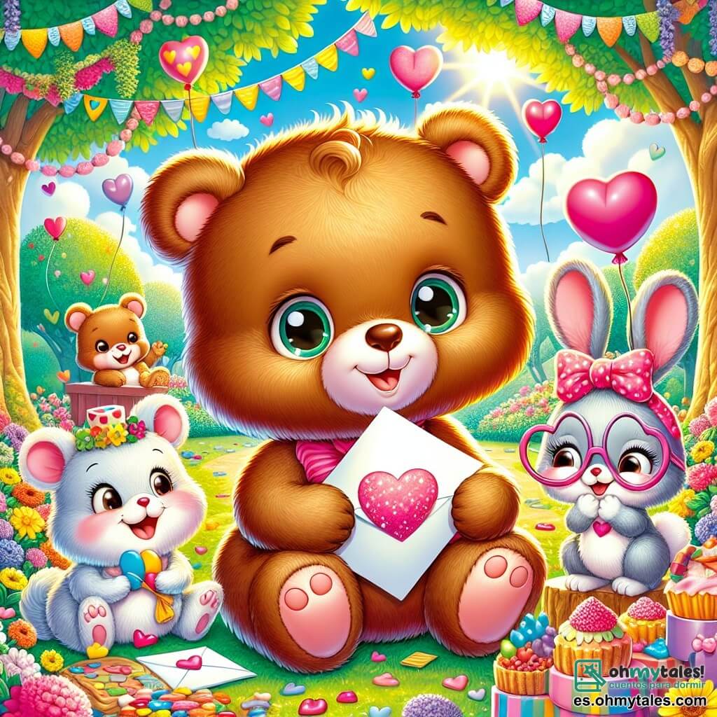 Un oso de peluche llamado Hugo, con un pelaje esponjoso y marrón, se encuentra en el centro de la escena, con los ojos brillantes de emoción y una gran sonrisa en su rostro. Sostiene una carta decorada con corazones en sus patas, listo para entregarla. A su derecha, una pequeña ratona llamada Margarita, con un sombrero de corazón y gafas redondas, mira a Hugo con admiración, sus mejillas rosas delatan su entusiasmo. A la izquierda, una adorable coneja llamada Lila, con un bonito lazo rosa en sus orejas, sonríe alegremente mientras sostiene un paquete de caramelos en forma de corazón. La escena tiene lugar en un parque soleado, lleno de guirnaldas coloridas y globos en forma de corazón flotando en el aire. Árboles con hojas verdes vibrantes rodean el parque, y flores multicolores bordean los caminos. Al fondo, hay una gran mesa con pasteles y golosinas, creando un ambiente festivo y cálido. Hugo, con su carta secreta, está a punto de organizar un intercambio de mensajes de amistad para el Día de San Valentín, rodeado de sus amigos que comparten su alegría y entusiasmo.