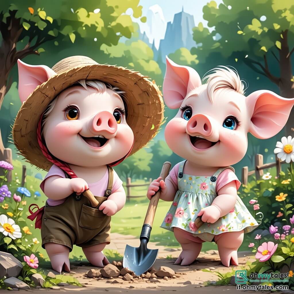 Al centro dell'immagine, Pippo, un piccolo maialino rosa con grandi occhi scintillanti e guance rotonde, mostra un'espressione di eccitazione e determinazione. Indossa un piccolo cappello di paglia e tiene una pala, pronto a costruire la sua casa. Accanto a lui, Pippa, una adorabile maialina con orecchie pendenti e un vestito a fiori, sorride gioiosamente mentre tiene un ramo di legno, pronta ad aiutarlo. Più lontano, Pio, il più saggio dei tre, è un maiale con occhiali rotondi e una sciarpa colorata, che osserva la scena con aria riflessiva, tenendo un piano di costruzione. Il contesto è un campo verdeggiante, punteggiato di fiori colorati e alberi maestosi, sotto un cielo blu splendente. In secondo piano si intravede una dolce collina e nuvole soffici che fluttuano pacificamente. La situazione principale mostra Pippo, Pippa e Pio che discutono con entusiasmo della costruzione della loro casa utilizzando materiali naturali, consapevoli della minaccia del Grande Lupo che si aggira nei paraggi. L'immagine cattura lo spirito d'avventura e di amicizia dei tre maialini, pronti a affrontare la sfida insieme.