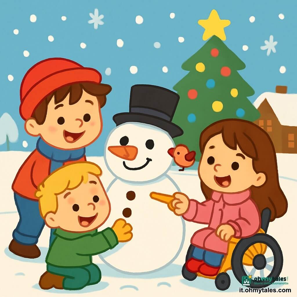 Ci sono 3 personaggi: - Luca: un ragazzo di 7 anni, con i capelli castani disordinati e gli occhi brillanti. Indossa un berretto rosso e una sciarpa blu, mentre sta rotolando una palla di neve. - Marco: un ragazzo di 6 anni, con i capelli biondi e un grande sorriso. È vestito con una giacca verde e guanti gialli, e aggiunge bottoni di cioccolato al pupazzo di neve. - Giulia: una ragazza di 7 anni, con lunghi capelli castani e un viso sorridente. Indossa un bel cappotto rosa e usa un carretto per muoversi, tenendo una carota per il naso del pupazzo di neve. I tre bambini sono riuniti in una piazza innevata, dove un grande albero di Natale brilla di mille luci. La neve copre il terreno come un morbido tappeto bianco, e fiocchi scendono dolcemente dal cielo. Sullo sfondo, case di legno con i tetti innevati aggiungono un tocco caldo alla scena. I bambini stanno costruendo un pupazzo di neve allegro, con un grande sorriso, un naso di carota e bottoni di cioccolato. Ridono insieme, circondati dalla magia del Natale, mentre un uccellino canta sulla spalla di Giulia.
