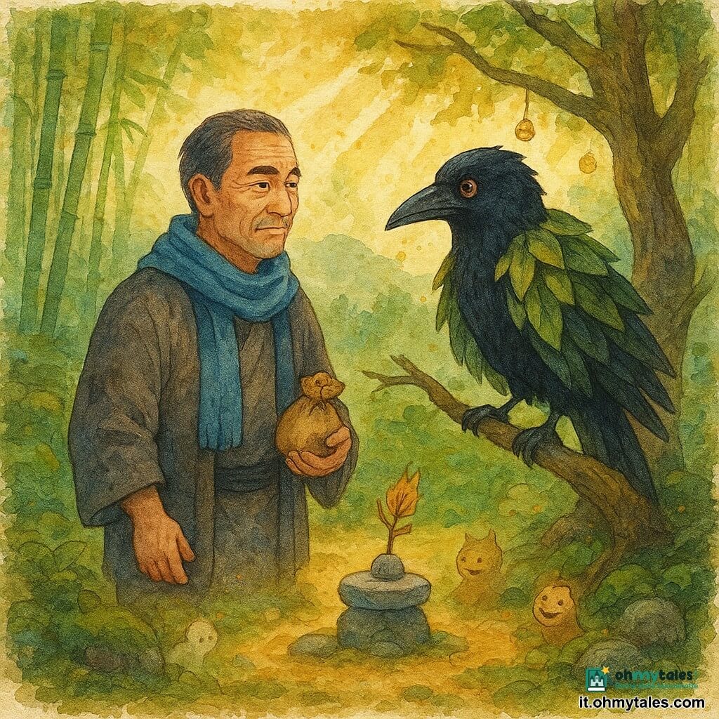 Un uomo di nome Aki, volto segnato ma dallo sguardo dolce e determinato, tiene una piccola borsa di pane in una mano e una sciarpa blu al collo, in piedi al centro di una radura pronto a parlare con il tengu; il tengu, spirito dalle piume nere lucenti e occhi rossi caldi, indossa un mantello di foglie e si appoggia a un ramo come un vecchio albero osservando Aki con curiosità; intorno, piccole sagome di spiriti amici — volpi dalla coda evanescente e tanuki gioiosi — si nascondono tra radici e muschi; la radura è un cerchio di terra color miele contornato da bambù verdi, muschio smeraldo e pietre levigate, con lanterne minuscole che diffondono luce dorata; in primo piano un piccolo altare di pietre lisce porta un fiore secco e un bastone inciso, vicino a un arco di bambù da cui pende una campanella decorata con una piuma; il cielo mostra la montagna velata da nubi basse e raggi di sole dorati filtrano fra le foglie umide; l'atmosfera è calma e magica, di rispetto e speranza: Aki sta offrendo un patto di protezione al tengu sotto una luce morbida.