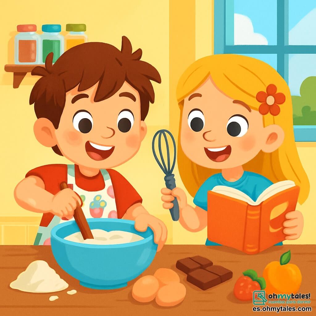 Tomás, un niño de 8 años con cabello castaño despeinado y ojos llenos de curiosidad, mezcla ingredientes en un gran tazón, sonriendo alegremente. Lleva una camiseta roja y un delantal con dibujos de cupcakes, y su mano está cubierta de harina. A su lado, Carla, una niña de 8 años con cabello largo y rubio y una diadema en forma de flor, lo observa con entusiasmo. Sostiene un batidor en una mano y un libro de recetas en la otra, lista para ayudar. El decorado es una cocina luminosa con paredes amarillas pastel, estanterías llenas de frascos de especias coloridos y una ventana abierta que deja entrar la luz del sol. En la mesa, hay ingredientes como huevos, chocolate y frutas, creando un ambiente alegre y creativo. La escena principal muestra a Tomás y Carla preparando un delicioso pastel de chocolate para la fiesta de la escuela, ilustrando la igualdad de género a través de su colaboración y el placer de cocinar juntos.