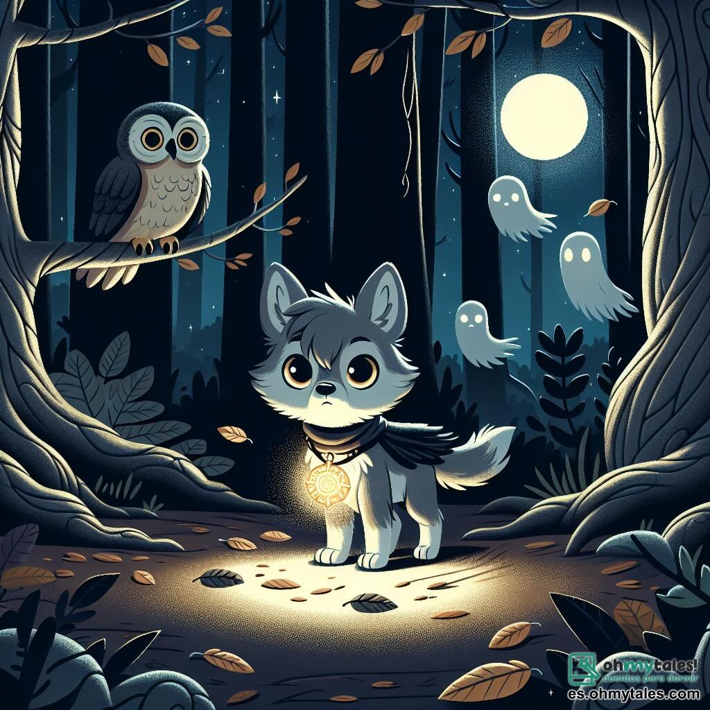 Un pequeño lobo llamado Luno, con un suave pelaje gris y ojos brillantes como estrellas, se encuentra valientemente en el centro de un claro oscuro, sosteniendo un amuleto luminoso alrededor de su cuello. Muestra una expresión de determinación y valentía, listo para enfrentar sus miedos. A su derecha, un viejo búho de plumas desgastadas y ojos sabios observa con preocupación, posado en una rama, como si estuviera allí para guiar a Luno. A la izquierda, siluetas fantasmales con ojos brillantes flotan en el aire, sus rostros cubiertos por sombras inquietantes, expresando una amenaza silenciosa. El lugar es un bosque denso, donde los árboles de troncos retorcidos se elevan hacia un cielo estrellado, creando una atmósfera misteriosa y ligeramente aterradora. Hojas caen suavemente alrededor de Luno, mientras una ligera neblina envuelve el suelo, añadiendo un toque de magia inquietante a la escena. La situación principal muestra a Luno desafiando las sombras amenazantes que lo rodean, listo para liberar el poder del misterioso amuleto y restaurar la paz en el bosque, ilustrando el momento en que enfrenta sus miedos con valentía.