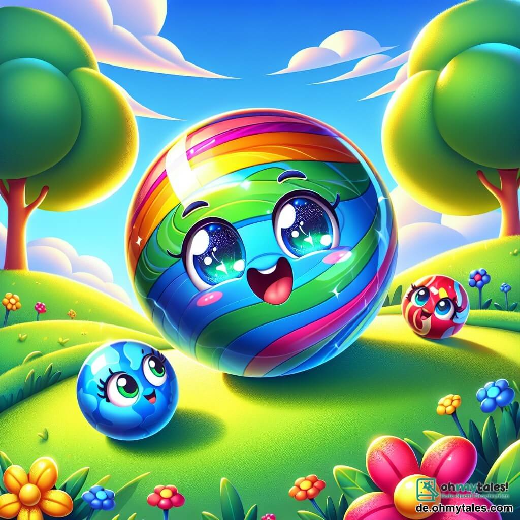 Ein Hauptcharakter, eine farbenfrohe und glänzende Murmel mit Regenbogenmustern, drückt Freude und Aufregung aus, während sie einen sanften Hang aus grünem Gras hinunterrollt. Sie hat funkelnde Augen und ein großes Lächeln, das ihr Glück zeigt, von ihren Freunden umgeben zu sein. Neben ihr schiebt eine runde, glatte blaue Murmel mit einem freundlichen und begeisterten Ausdruck sanft die Hauptmurmel, um ihr beim Vorankommen zu helfen. Ein wenig weiter entfernt schaut eine rote Murmel mit weißen Flecken bewundernd und lächelt, ihre Augen strahlen vor Stolz auf ihre Freundin. Der Ort ist ein sonniger Park, gefüllt mit bunten Blumen und majestätischen Bäumen, wo der Himmel strahlend blau ist und Sonnenstrahlen durch die Blätter filtern. Die Hauptsituation zeigt die drei Charaktere, die zusammen auf einem rutschigen Gras-Hang spielen, ihre Freundschaft und Vielfalt feiern, während eine sanfte Brise die Blumen um sie herum tanzen lässt.