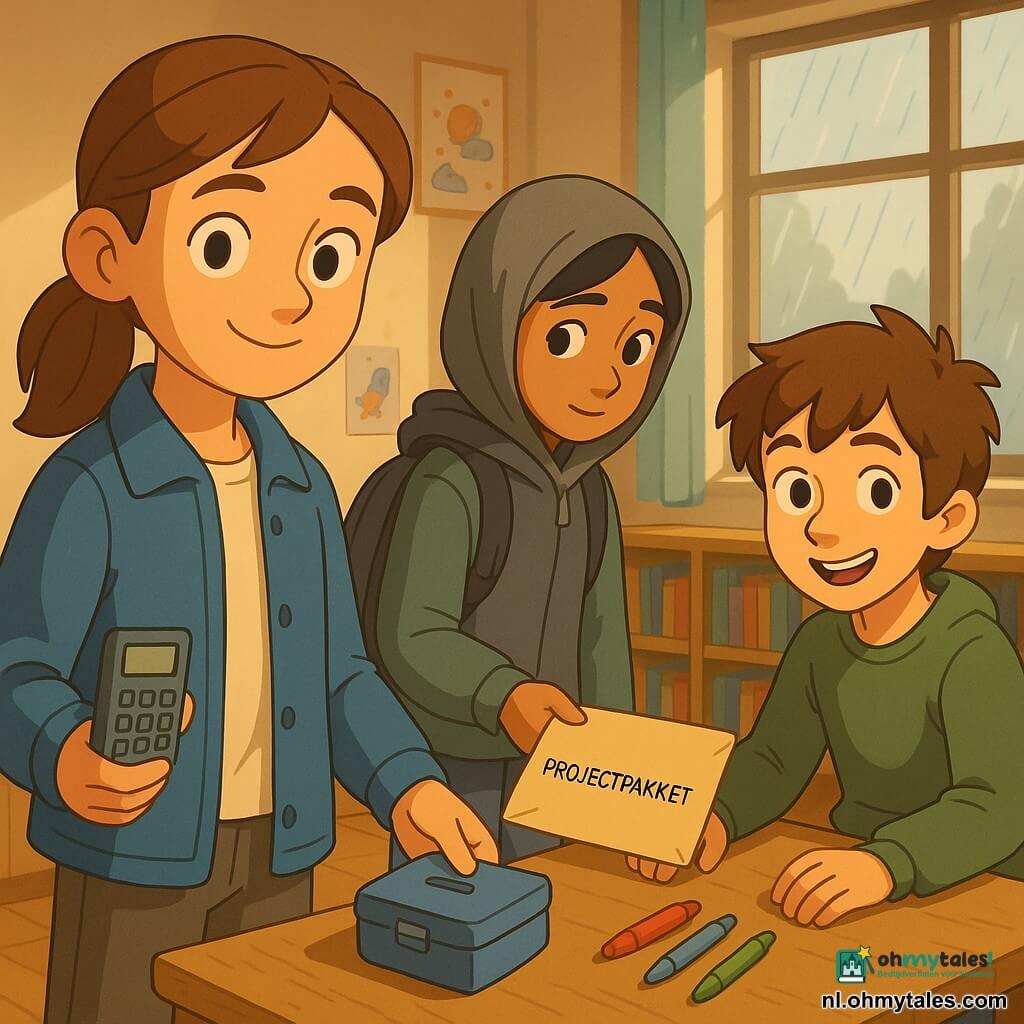 Drie kinderen: Noor (meisje, ~11–12 jaar) met lichte huid, kastanjebruin haar in paardenstaart, versleten blauwe jas, houdt een grijze rekenmachine in haar rechterhand en een blauw metalen doosje ("de Rammelaar") onder haar arm, zit links van het midden; Milo (jongen, ~12 jaar) met lichte huid, warrig bruin haar, olijfgroene hoodie, houdt drie potloden en een klein briefje met "PROJECTPAKKET", zit rechts van Noor en leunt op een lage tafel; Aisha (meisje, ~11–12 jaar) met getinte huid, zwart haar onder een grijze capuchon, rugzak met een hoekje afgeplakt met tape, zit rechts van het midden iets achter Noor en kijkt verlegen naar de envelop die haar wordt toegestoken. Locatie: klaslokaal omgevormd tot studiehoek/mediatheek met grote ramen en regen buiten, lage planken met kleurige boeken, lichte houten tafel, houten vloer, zachte vochtige lichtinval en enkele schoolposters. Situatie: de kinderen delen stilletjes kleine "projectpakketten": Noor reikt een envelop met "PROJECTPAKKET" aan Aisha, Milo legt potloden en een gum op tafel, rustige sfeer, zorgzame gebaren en een opgeluchte blik bij Aisha.