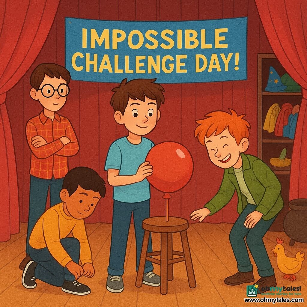 Four boys: Frank, 11, messy brown hair, light blue T‑shirt and jeans, holding a spool of gold ribbon and standing slightly forward at center; Milo, 10, small with tousled red hair and a green jacket, grinning and making a theatrical bow to Frank’s right; Jasper, 11, tall and thin with round glasses and a red plaid shirt, arms crossed and watching seriously to Frank’s left; Owen, 10, stocky with short black hair and slightly shiny shoes, calmly fixing a strip of fabric under his shoes behind Frank to the left. They’re on a varnished wooden theatre stage in a rehearsal workshop: red curtains pulled back, shelves of colorful costumes, a pile of painted cardboard props (gold crown, rubber chicken, black cauldron) and a neon poster on a rack reading IMPOSSIBLE CHALLENGE DAY!. The four rehearse a silent, dramatic challenge: a red balloon on a stool with a small colander as a “helmet,” felted-shoe padding and a chain of bows — controlled movement, comic tension and warm spotlighting.