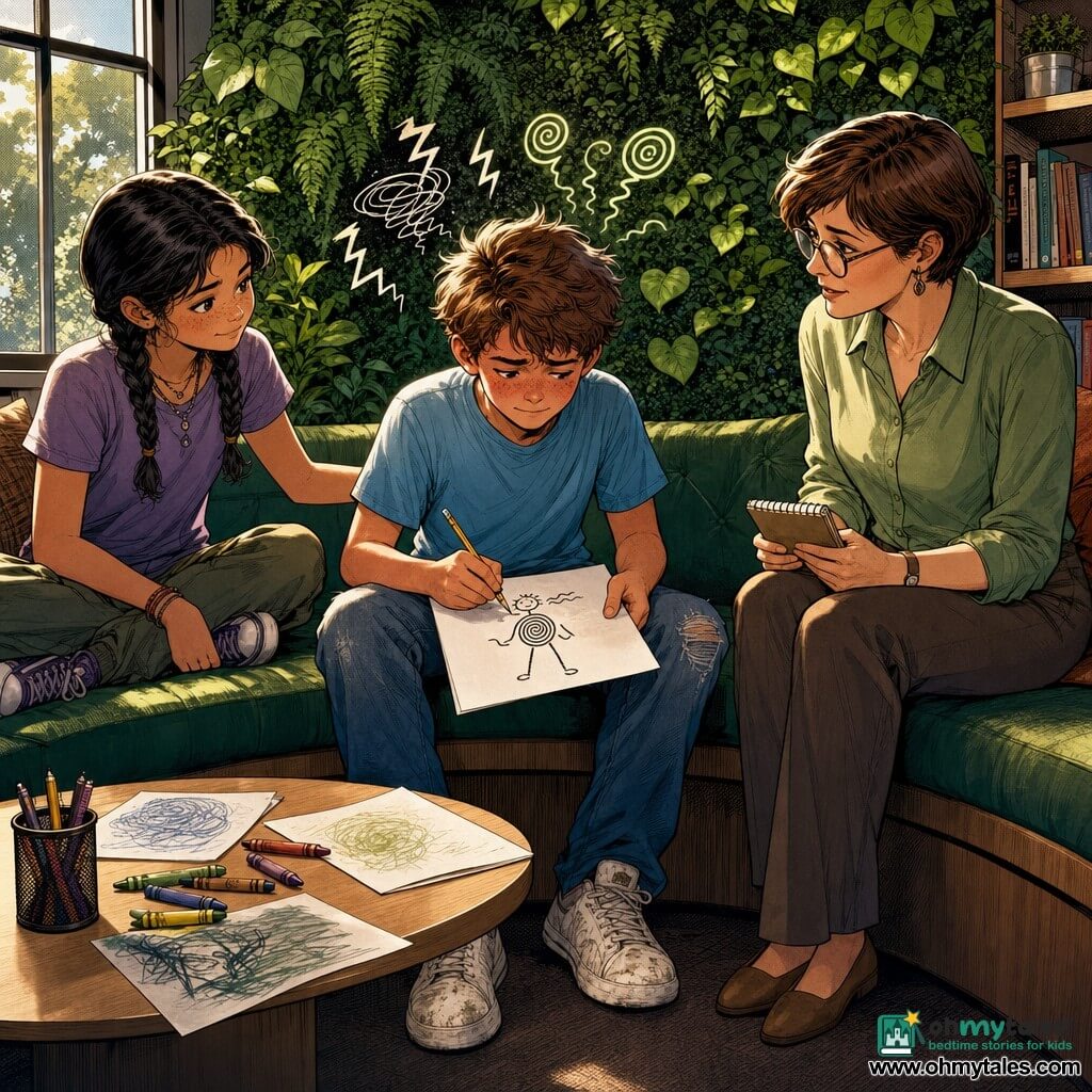 A 12-year-old boy with a flushed face and furrowed brows that are beginning to relax holds a pencil and draws on a sheet; he wears a light blue T-shirt, worn jeans and slightly dirty white sneakers, sitting slightly hunched but calm. A girl of about 12 (Nia) with braided black hair and a reassuring smile sits to his left, legs crossed on the bench, looking compassionate with her hand gently on the bench back. An adult woman (Mrs. Kline, about 40), a school counselor with short brown hair, round glasses and a light green shirt, sits to the right on the same bench, leaning toward them with a calm attentive expression and holding a small notebook. The setting is a school library resting corner with dark green upholstered benches, a light wood coffee table scattered with pencils and paper, a lush vertical plant wall with ferns and glossy leaves, and soft light filtered through large windows. The main scene shows the boy drawing a small stick figure with spirals on its belly and wavy lines near its nose; visual mood: warm soothing colors, clean comic-style lines, small graphic symbols (spirals, sparks) indicating a "disgust" emotion calming, atmosphere of support and calm.