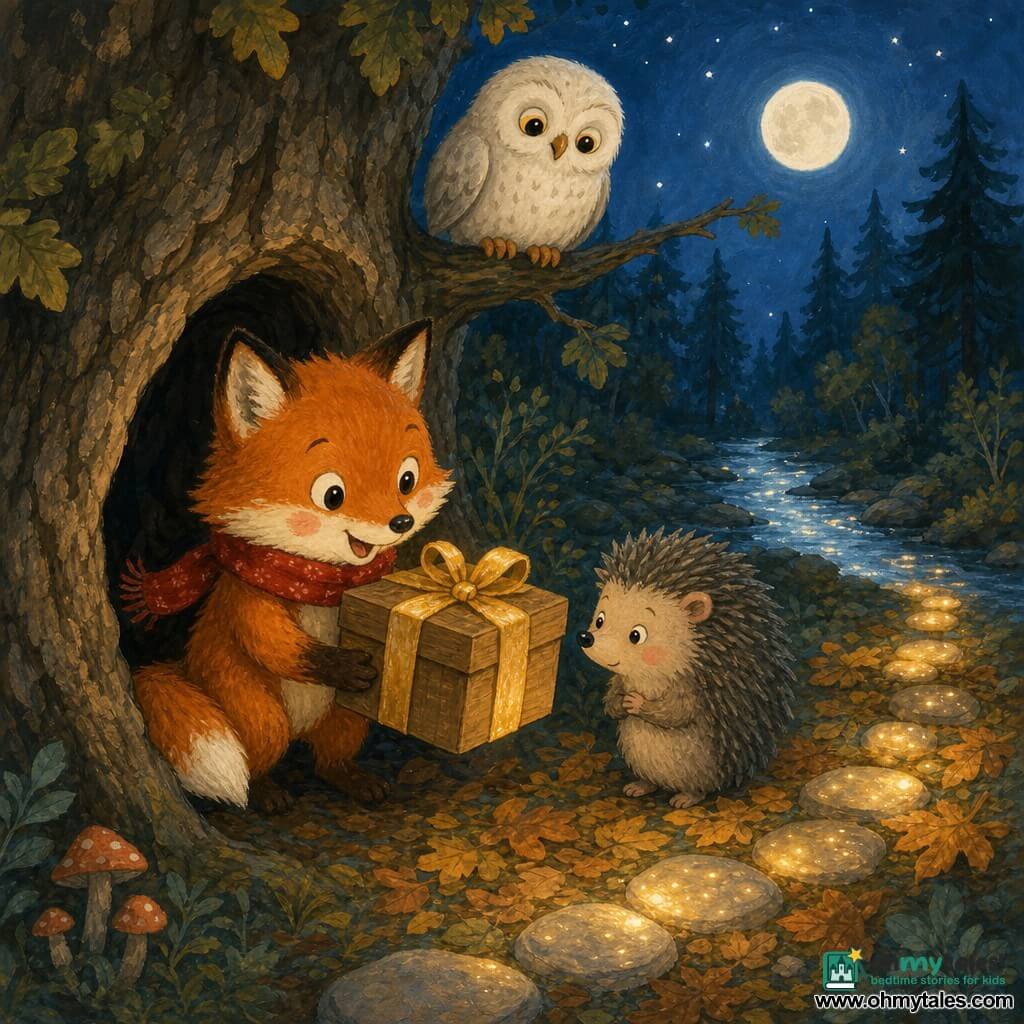 A small red fox (main character) with bright eyes and rosy cheeks wearing a red scarf gently pulls a small wooden box tied with a golden ribbon from the hollow of an old oak, looking amazed and proud; a round white owl (secondary) perches above on a branch with folded wings and a kindly gaze, and a gray spiky hedgehog (secondary) stands beside a carpet of leaves, curious and shy, watching the box; the night forest of rough-trunked trees and dark green leaves shows a silver stream glinting under a soft moon and a row of tiny shining pebbles forming a luminous path; main situation: discovering a hidden treasure in a tree hollow at night, magical warm atmosphere, warm colors for the fox and box, soft washed blues for the sky and forest, visible gouache texture, gentle childlike lines.