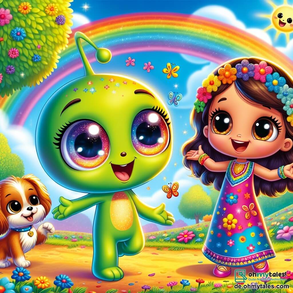 Tinky, ein kleiner grüner Außerirdischer mit großen, runden, sternenähnlichen Augen, steht auf einem bunten Boden und lächelt voller Staunen, während er einen wunderschönen Regenbogen am Himmel betrachtet. Er hat einen kleinen lächelnden Mund und dünne Arme, die fröhlich ausgestreckt sind. Neben ihm tanzt Mia, ein kleines menschliches Mädchen mit langen braunen Haaren und einem strahlenden Lächeln, begeistert. Sie trägt ein buntes, blumenverziertes Kleid und ihre Augen funkeln vor Freude. Ein kleiner Hund mit goldenem Fell, der glücklich aussieht und mit dem Schwanz wedelt, steht in ihrer Nähe und schaut sie bewundernd an. Die Szene spielt in einem lebhaften Park, der mit bunten Blumen, schimmernden Blättern und einem klarblauen Himmel mit flauschigen weißen Wolken gefüllt ist. Bunte Vögel fliegen umher und tragen zur Magie des Ortes bei. Die Hauptsituation zeigt Tinky, Mia und den kleinen Hund, die die Rückkehr der Farben im Park feiern, umgeben von einer fröhlichen und strahlenden Atmosphäre, die die Freundschaft und die Magie einer Welt voller Wunder illustriert.