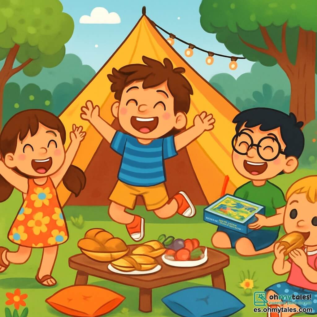 Hay 4 niños: - Martín: un niño de 9 años, con el cabello castaño desordenado y una gran sonrisa. Lleva una camiseta a rayas azul y un pantalón corto amarillo. Está en el centro de la imagen, saltando de alegría. - Lucía: una niña de 8 años, con el cabello largo y ondulado, atado en dos coletas. Lleva un vestido de flores coloridas y sandalias. Está a la izquierda de Martín, levantando los brazos, llena de entusiasmo. - Diego: un niño de 9 años, con el cabello negro y gafas. Lleva una camiseta verde y un pantalón corto azul. Está a la derecha de Martín, riendo y sosteniendo una caja de juegos de mesa. - Sara: una niña de 6 años, con el cabello rubio y trenzas. Lleva una camiseta rosa y una falda de lunares. Está sentada en la hierba, al lado de Diego, comiendo un gofre. El lugar es un jardín verde, lleno de flores coloridas y árboles majestuosos. En el centro, hay una gran tienda de campaña decorada con guirnaldas luminosas. Hay cojines de colores esparcidos y una mesa de picnic llena de deliciosos aperitivos. La situación principal muestra a los niños divirtiéndose juntos, riendo y compartiendo historias bajo las estrellas brillantes, creando recuerdos inolvidables de un verano mágico.