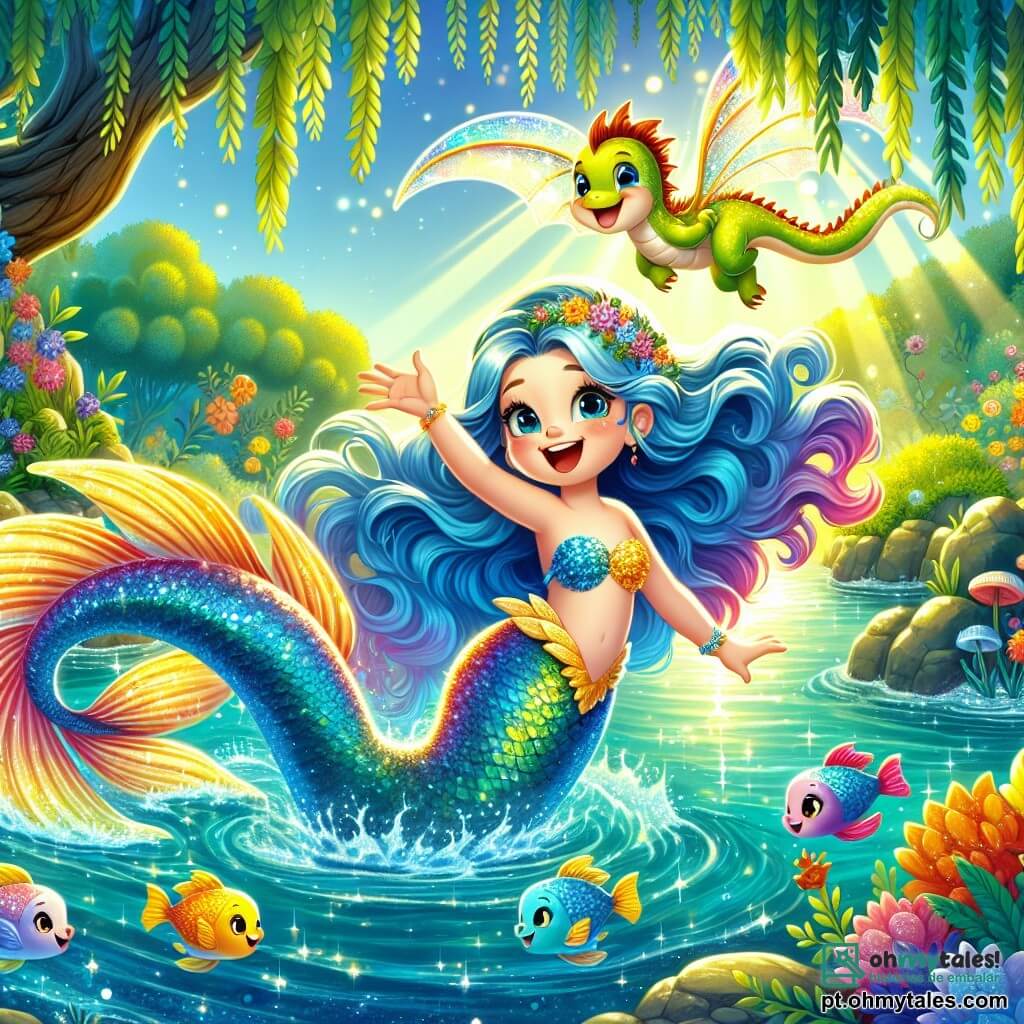 Uma sereia chamada Lúcia, com longos cabelos ondulados em tons de azul e uma cauda cintilante de cores vivas, nada alegremente em um pântano mágico, seu rosto radiante de curiosidade e excitação. Ela é cercada por peixes coloridos que dançam ao seu redor, enquanto sorri, com os braços abertos, pronta para descobrir novas maravilhas. Ao seu lado, um pequeno dragão chamado Draco, com escamas douradas brilhantes e grandes olhos cintilantes de travessura, voa em círculos acima dela, suas asas translúcidas capturando a luz do sol. O cenário é um pântano encantador, onde a água brilha como diamantes sob o sol, e folhas verdes luxuriantes cercam o local, criando uma atmosfera mágica. A situação principal mostra Lúcia e Draco descobrindo um lago escondido, onde uma luz misteriosa brilha ao longe, incentivando-os a se aproximar com admiração e curiosidade, prontos para viver uma nova aventura juntos.