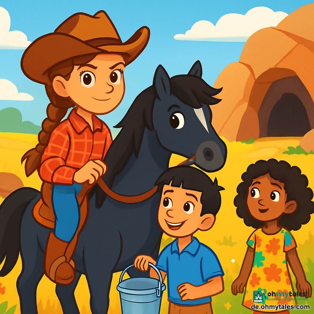 Eine junge Cowboyfrau, Anna, mit langen geflochtenen braunen Haaren, trägt einen Cowboyhut und ein rotes karriertes Hemd. Sie hat einen entschlossenen und mutigen Blick und hält die Zügel ihres prächtigen schwarzen Mustangs namens Stern, der aufmerksam und bereit wirkt. Neben ihr lächelt Miguel, ein 12-jähriger Junge mit schwarzen Haaren und funkelnden Augen, während er einen Eimer Wasser hält. Er trägt ein blaues Hemd und eine Canvas-Hose. Etwas weiter entfernt beobachtet Asha, ein 11-jähriges Mädchen mit lockigem Haar, in einem bunten Kleid neugierig die Umgebung, bereit zu helfen. Die Szene spielt in einer weiten goldenen Prärie, übersät mit Wildblumen und großen Felsen. Der Himmel ist strahlend blau mit ein paar schwebenden weißen Wolken. Anna und ihre Freunde stehen zusammen, bereit, eine geheimnisvolle Höhle am Horizont zu erkunden. Sie sind entschlossen, die Wahrheit hinter den Gerüchten zu entdecken, die sie umgeben, vereint durch ihre Freundschaft und ihren Mut.
