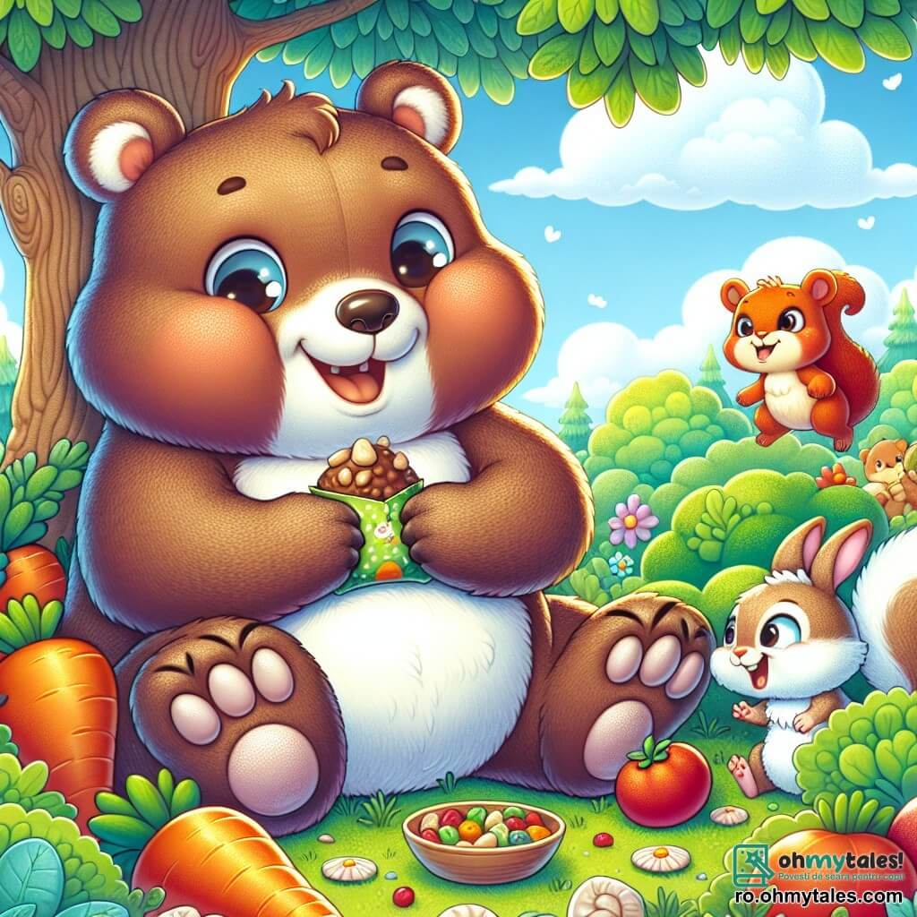 Un ursuleț drăguț și pufos numit Momo, cu blană brună și ochi strălucitori de curiozitate, stă sub un copac mare, zâmbind larg. Ține un morcov jucăuș în picioare, gata să-l împărtășească cu prietenii săi. Lângă el, o veveriță mică pe nume Nina, cu blană roșie și coadă pufoasă, sare de bucurie, cu ochii strălucind de entuziasm. Un iepuraș mic numit Tufi, cu urechi lungi și blană albă, stă puțin mai departe, râzând în timp ce se ascunde după un tufiș. În fundal, scena se desfășoară într-o grădină colorată, plină de legume vibrante precum morcovi portocalii, roșii și salată verde, sub un cer albastru deschis presărat cu nori albi pufoși. Momo și prietenii săi se pregătesc să savureze deliciile grădinii, plini de bucurie și prietenie.