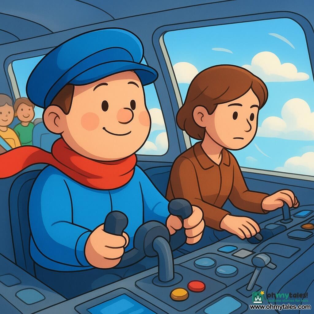 A smiling, serene 35-year-old pilot with a round face and rosy cheeks wearing a bright blue aviator cap and a red scarf sits in a bright cockpit holding the yoke; a focused yet gentle 30-year-old female copilot with short brown hair stands slightly behind him to his right adjusting instruments and looking out the window; blurred happy passengers—children and adults—are belted with colorful seatbelts in the background; the cockpit has large panoramic windows, colorful buttons, blue screens and shiny metal levers with sunlight streaming in; the plane flies above fluffy white cloud pillows under a pale blue sky with gentle wind lines, creating a calm, adventurous mood.