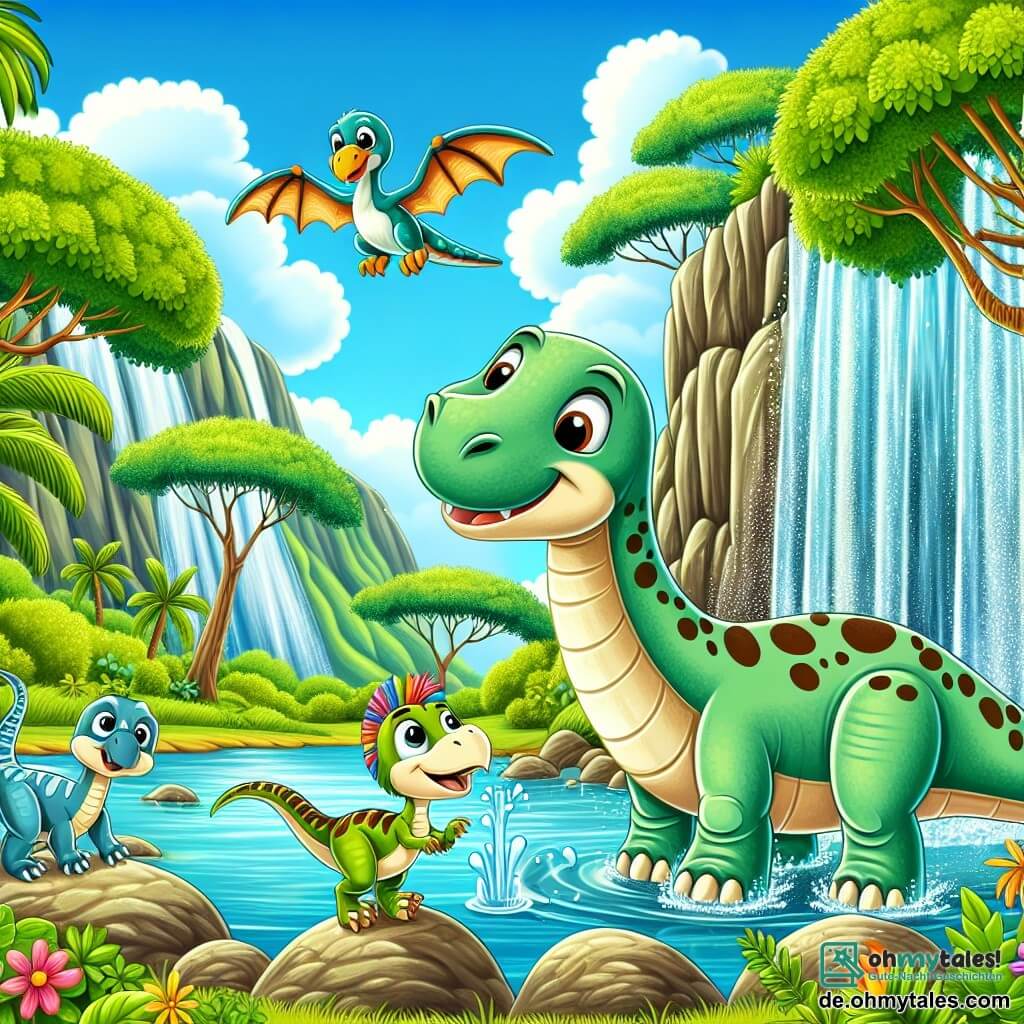 Ein großer und sanfter Diplodocus namens Dino, mit einem langen grünen Hals und braunen Flecken auf seinem Rücken, steht neben einem wunderschönen, funkelnden Wasserfall, seine Augen leuchten vor Freude und Staunen, während er mit seinem großen Schwanz Wasser spritzt. Neben ihm springt ein kleiner, schelmischer Velociraptor namens Rafi, mit bunten Federn und einem verschmitzten Lächeln, ins Wasser, seine Hinterbeine spiegeln sich in der Sonne. Ein Pterosaurier namens Piri, mit glänzenden Flügeln und einem neugierigen Kopf, fliegt über sie hinweg, bereit, ins Spiel einzutauchen. Die Szenerie ist eine üppige Landschaft, gefüllt mit großen Bäumen mit grünen Blättern, bunten Blumen und glatten Steinen, unter einem hellblauen Himmel mit weißen Wolken. Die Hauptsituation zeigt Dino, Rafi und Piri, die zusammen Spaß haben, Wasser spritzen und lachen, und eine fröhliche, freundliche Atmosphäre am Rand des wunderschönen Wasserfalls schaffen.