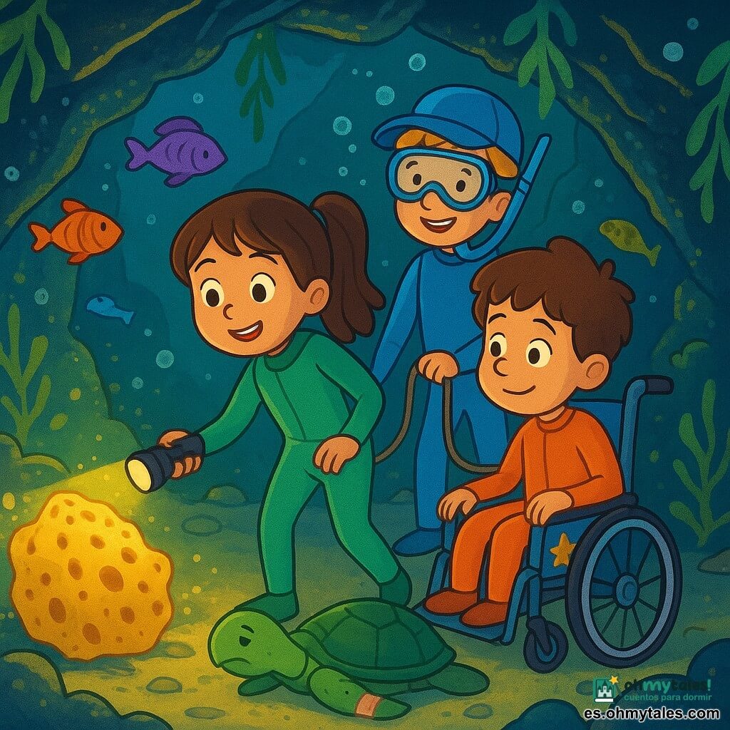 Hay 3 personajes: - Lía: una niña de 7 años, con cabello castaño y ojos brillantes. Lleva un traje de buceo verde y sostiene una linterna pequeña, iluminando el camino en la cueva submarina. - Tomás: un niño de 7 años, con un sombrero azul y gafas de buceo. Tiene cabello rubio y sonríe alegremente. Está un poco atrás, sosteniendo una cuerda atada a la silla de Niko. - Niko: un niño de 7 años, sentado en una silla de ruedas decorada con pegatinas de estrellas. Tiene cabello castaño y lleva un traje de buceo naranja. Está en el centro, observando atentamente a las criaturas marinas que lo rodean. El lugar es una cueva submarina, con paredes cubiertas de algas verdes y piedras brillantes. Peces coloridos nadan a su alrededor y burbujas de aire flotan hacia la superficie. La luz de la linterna de Lía crea reflejos dorados en el agua, iluminando la escena mágica. La situación principal muestra a los niños descubriendo una gran esponja marina que emite un suave murmullo. Se acercan con curiosidad, listos para escuchar y ayudar a una tortuga herida que se encuentra cerca.