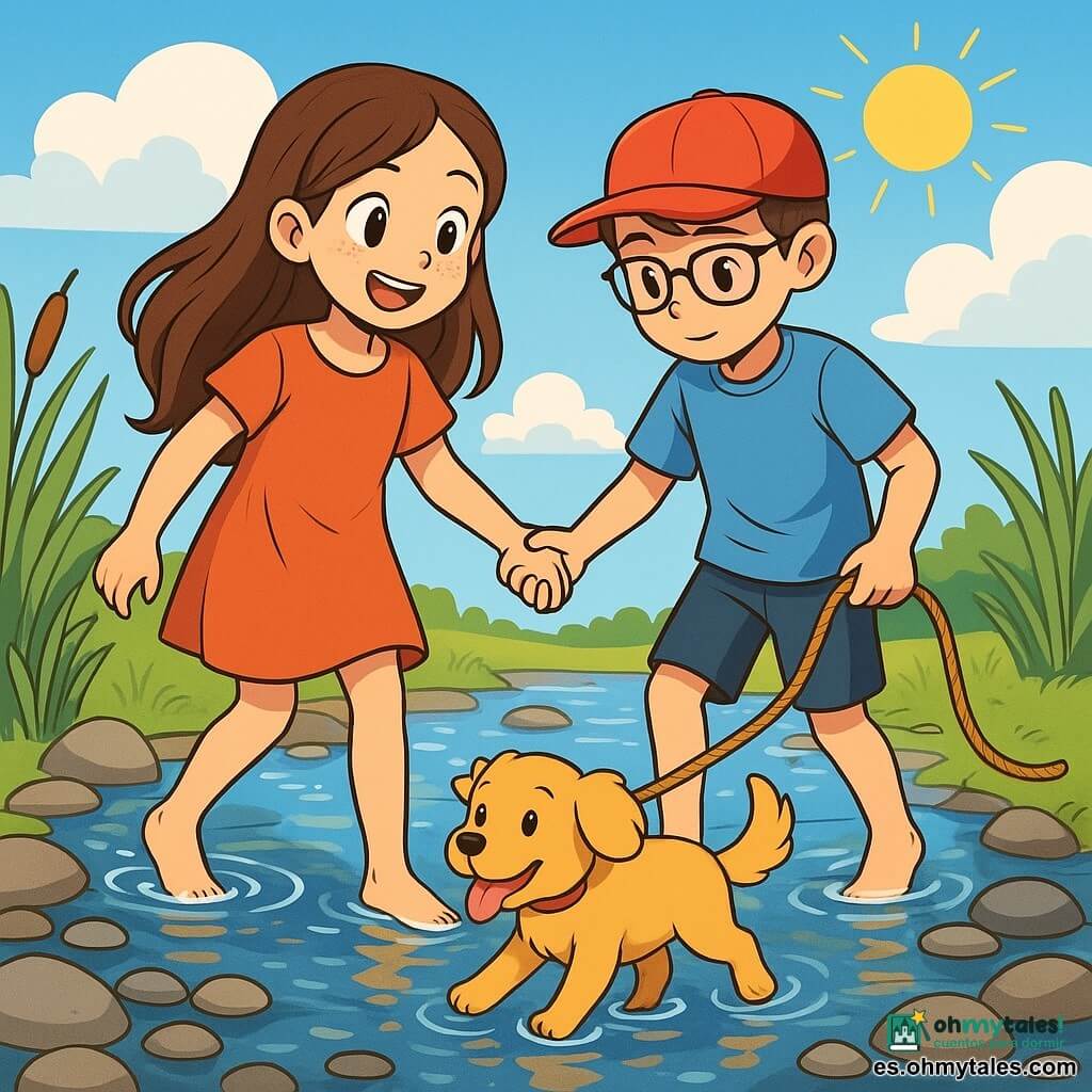 Una niña de 10 años, Luna, con largos cabellos castaños y ojos brillantes de curiosidad, está al borde de un vado, con los pies descalzos en el agua clara. Sonríe con asombro, sus mejillas sonrojadas por la emoción de la aventura. A su lado, su amigo Nico, un niño de 10 años con una gorra roja y gafas, observa atentamente el reflejo de las nubes en el agua, sosteniendo una cuerda en sus manos. Miga, un pequeño perro de pelaje dorado, corre alegremente alrededor de ellos, con la lengua fuera y la cola moviéndose como una pluma. El vado es un lugar encantador, con piedras lisas y brillantes, rodeado de juncos verdes que bailan al viento. El cielo es de un azul brillante, salpicado de nubes blancas y esponjosas, y el sol brilla, creando destellos en la superficie del agua. Luna y Nico, listos para cruzar el vado, se toman de la mano, sus rostros iluminados por la emoción y la alegría. Están a punto de dar un paso juntos, un momento de valentía y amistad, rodeados por la belleza de la naturaleza.