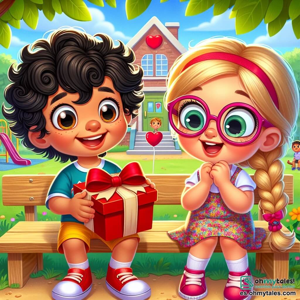 Un niño de 5 años, llamado Pablo, con cabello negro y rizado, ojos llenos de curiosidad y una gran sonrisa, sostiene un misterioso objeto rojo en sus manos. Lleva una camiseta azul con un corazón rojo y un pantalón corto amarillo, y está sentado en un banco de madera en el patio de la escuela, rodeado de hojas de árboles. A su lado, su mejor amiga Julia, una niña de 5 años con cabello rubio trenzado y gafas rosas, mira el objeto con ojos muy abiertos, llena de emoción. Ella lleva un vestido de flores coloridas y se inclina ligeramente hacia Pablo, ansiosa por descubrir qué hay dentro. El lugar es el patio de una pequeña escuela, con árboles verdes, flores coloridas y juegos infantiles al fondo. El cielo es azul y soleado, creando una atmósfera alegre y festiva. La situación principal muestra a Pablo y Julia abriendo el misterioso objeto, sus rostros iluminados por la sorpresa, mientras otros niños juegan a su alrededor, añadiendo un ambiente de camaradería y alegría a esta escena de San Valentín.