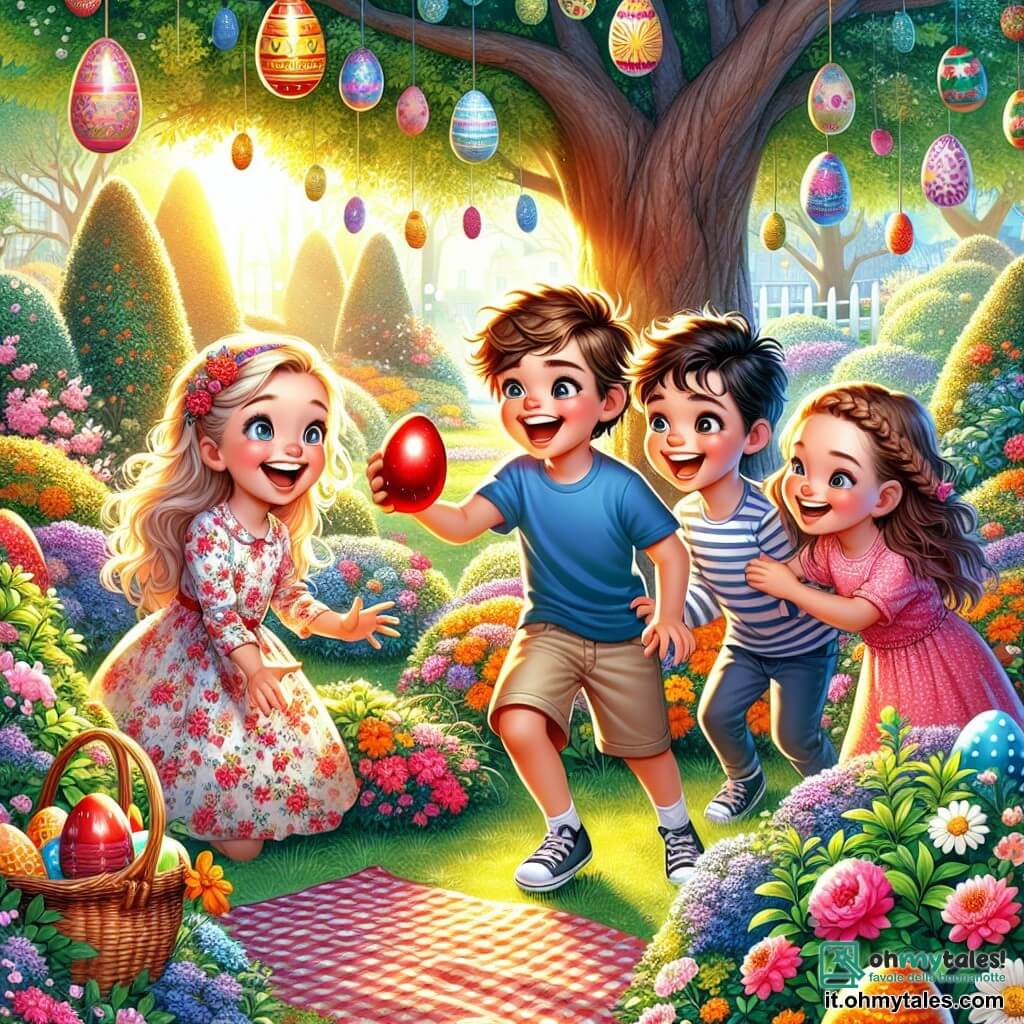 Un ragazzo di 10 anni, di nome Luca, con capelli castani disordinati e occhi scintillanti di gioia, sta cercando uova di Pasqua in un giardino soleggiato. Indossa una maglietta blu e pantaloni corti beige, e ha un grande sorriso sul volto, pieno di eccitazione. Accanto a lui, Sara, una ragazza di 9 anni con capelli biondi intrecciati e un vestito rosa a fiori, è accovacciata mentre raccoglie un uovo rosso brillante trovato sotto un cespuglio. Marco, un ragazzo di 10 anni con occhiali e capelli castani, è in piedi un po' più lontano, punta verso un albero, con un'espressione incantata, come se avesse scoperto qualcosa di speciale. Il giardino è pieno di fiori colorati, grandi alberi verdi e decorazioni pasquali, come uova dipinte appese ai rami. Al centro, una grande coperta a quadretti è stesa, con cestini pieni di dolci e torte. La scena principale mostra Luca e i suoi amici intenti nella caccia alle uova, ridendo e divertendosi, mentre scoprono uova nascoste nel giardino, creando un'atmosfera gioiosa e festosa di Pasqua.