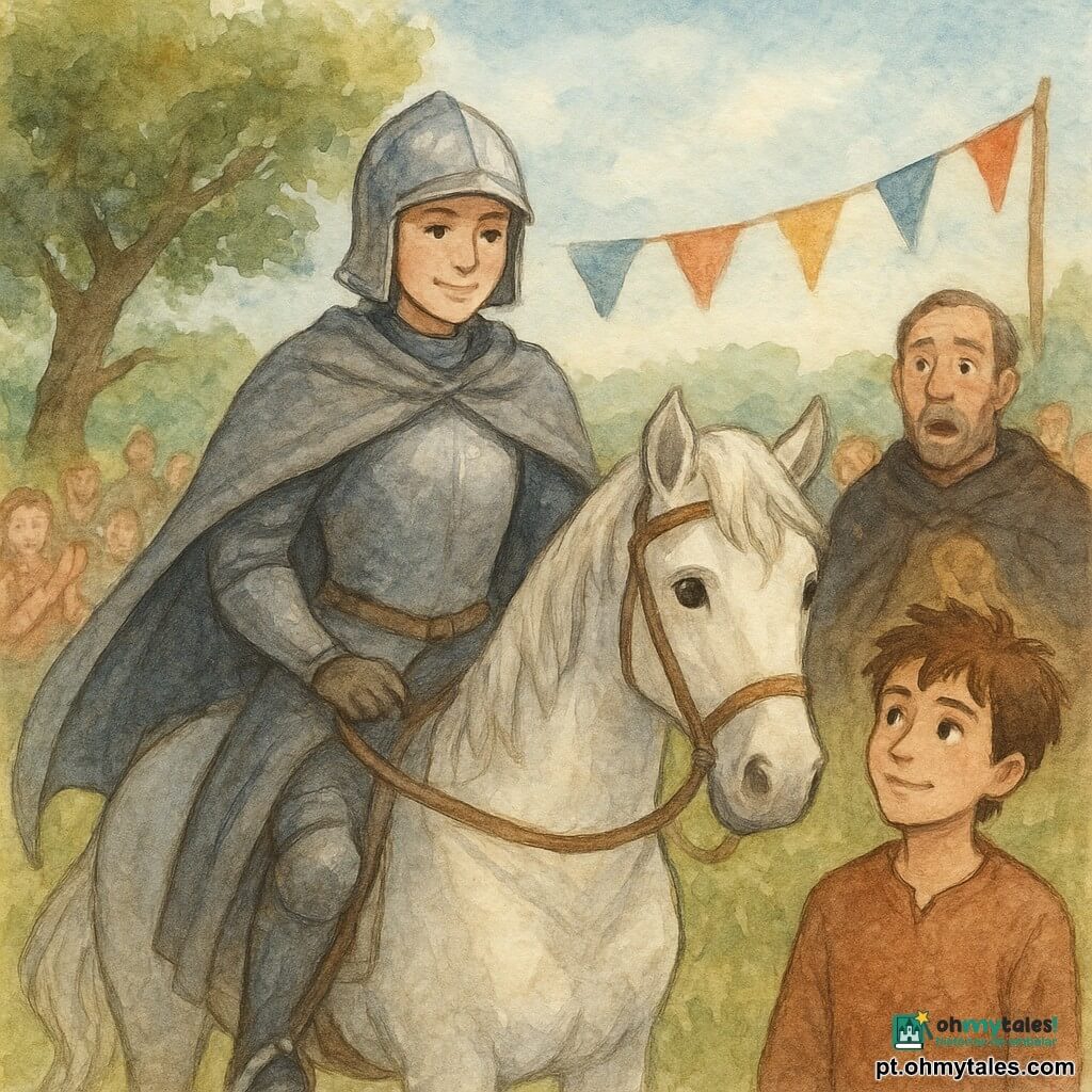 No centro, uma cavaleira chamada Isadora está orgulhosamente em um cavalo branco. Ela usa uma capa cinza flutuante e um elmo brilhante que esconde parcialmente seu rosto, revelando um sorriso calmo e confiante. Ao lado dela, um jovem de 16 anos chamado Tomé, com cabelos castanhos despenteados e olhos cheios de gratidão, está ligeiramente afastado, olhando para Isadora com admiração. Ao fundo, um homem de meia-idade, o mercenário Belar, é visível, vestindo uma capa adornada com um leão bordado, com uma expressão surpresa e confusa. Eles estão em um campo verdejante perto de uma velha oliveira, onde bandeiras coloridas flutuam ao vento e uma multidão de aldeões os cerca, aplaudindo. A cena principal mostra o momento em que Isadora revela a verdade, com expressões de alívio e justiça nos rostos dos personagens.