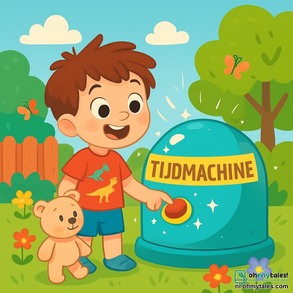 Een 4-jarig jongetje, Max, met rommelig bruin haar en een verwonderde glimlach, staat voor een grote glanzende ronde doos, genaamd "TIJDMACHINE". Hij draagt een rode t-shirt met dinosaurussen en een blauwe short. Naast hem staat zijn knuffel, een beige teddybeer, klaar om hem op avontuur te vergezellen. De locatie is een zonnige tuin, vol kleurrijke bloemen, flonkerende vlinders en groene bomen. Op de achtergrond is een houten hek en een blauwe lucht met pluizige witte wolken. Max, met zijn ogen wijd open van nieuwsgierigheid en opwinding, drukt op een knop van de machine, klaar om terug te reizen in de tijd naar het tijdperk van de dinosaurussen. Lichtflitsen schitteren om hem heen en creëren een magische en avontuurlijke sfeer.