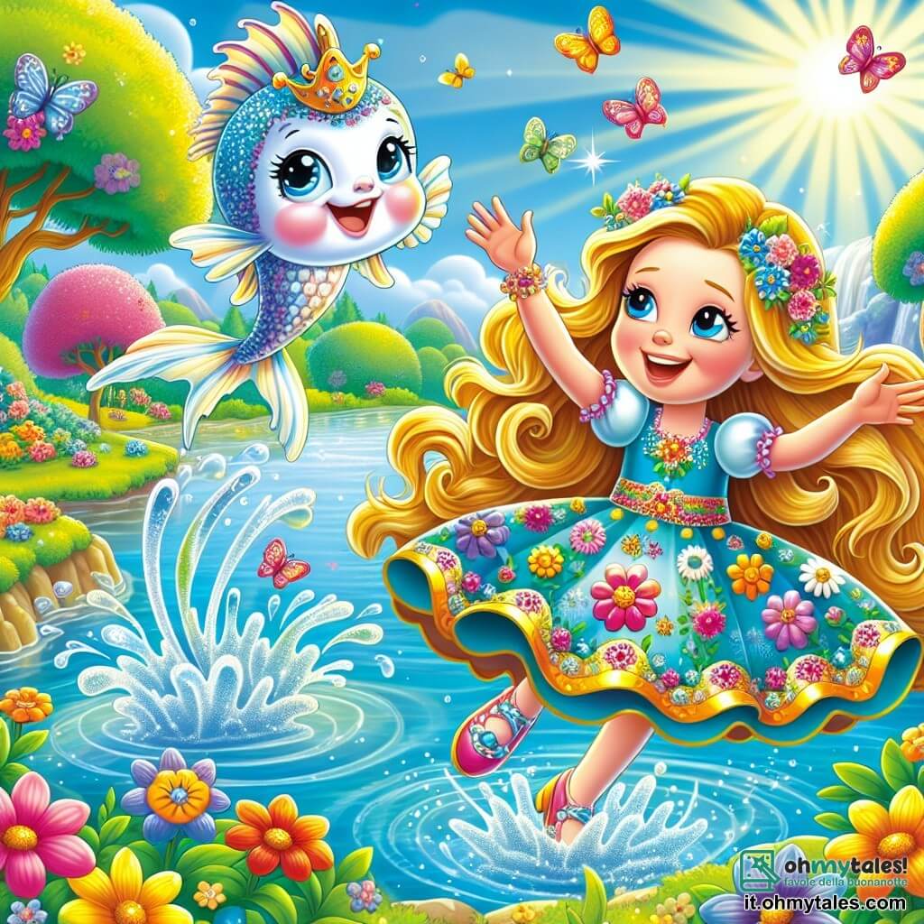 La principessa Laura, una ragazza di circa 8 anni, ha lunghi capelli dorati che brillano al sole. Indossa un vestito colorato, decorato con fiori e farfalle, e il suo viso è illuminato da un grande sorriso di gioia. Sta saltando vicino a un lago cristallino, con le braccia aperte, pronta a divertirsi. Accanto a lei, un pesciolino buffo, con squame scintillanti di blu e argento, salta fuori dall'acqua, mostrando occhi vivaci e pieni di malizia. Sembra voler raggiungere le nuvole, circondato da piccole spruzzi d'acqua. Il luogo è un magnifico giardino incantato, con fiori multicolori che danzano nel vento e alberi maestosi dalle foglie dorate. Il cielo è di un blu splendente, punteggiato da nuvole soffici. La scena principale mostra la principessa Laura e il pesce che saltano insieme, pieni di risate e felicità, mentre i raggi di sole illuminano la loro avventura magica.