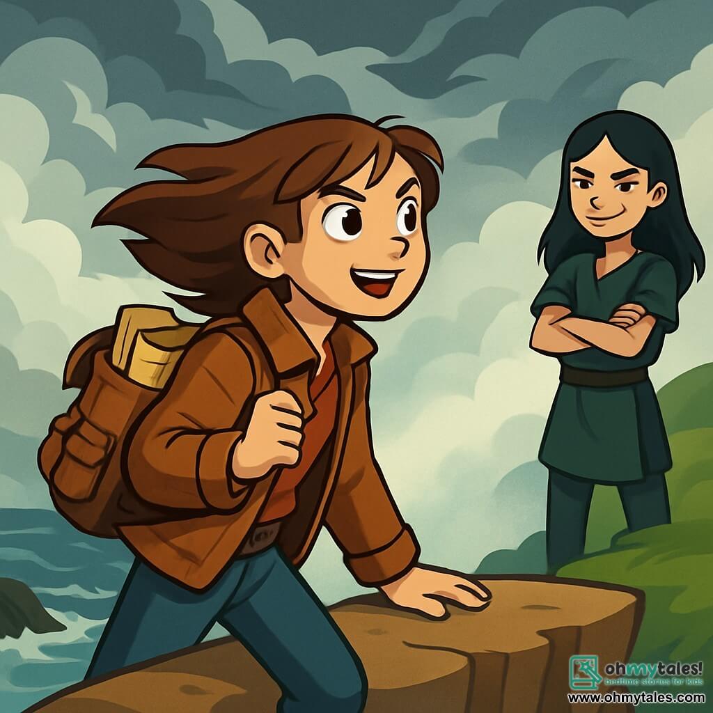 A young explorer, Lyra, stands at the edge of a cliff, her brown hair blowing in the wind. She wears a worn leather jacket and a backpack filled with ancient maps, her face marked by determination and excitement. Her eyes shine with a sense of adventure as she gazes at the mysterious veil of mist before her. Nearby, Vesper, a girl with black hair and sharp features, watches Lyra with a mocking smile. Dressed in a dark tunic and standing slightly back with her arms crossed, she is ready to challenge Lyra. The setting is a steep cliff overlooking a tumultuous ocean, with waves crashing against the rocks below. The sky is heavy with threatening clouds, and thick mist envelops the landscape, creating a mysterious and magical atmosphere. Full of courage, Lyra prepares to cross the veil of mist, while Vesper, with a defiant look, tries to discourage her. The air is charged with tension, and the adventure is about to begin.