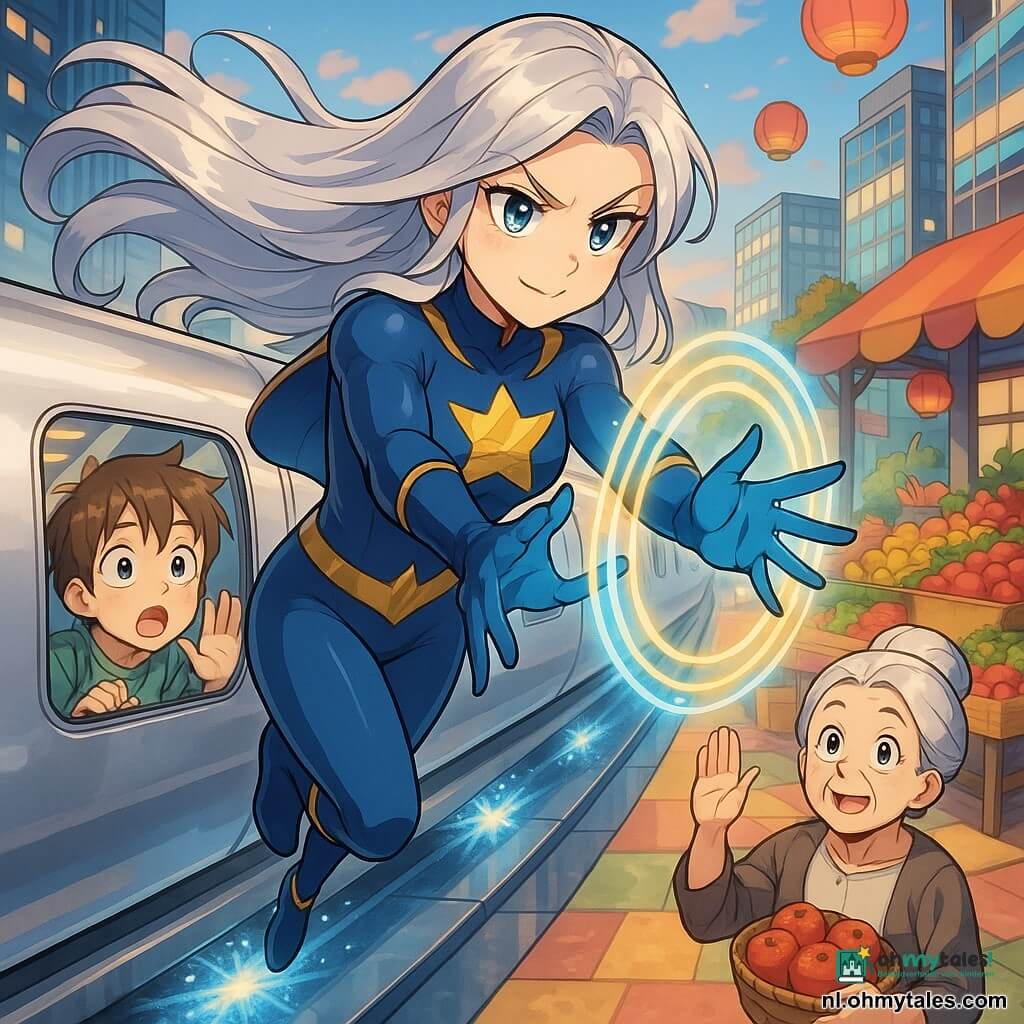 Een superheldin genaamd Nova Starlight, smal gezicht en lange glanzend zilveren haren die zweven, kijkt vastberaden en vriendelijk terwijl ze naast een lange, zilveren maglev-trein zweeft en met uitgestrekte handen blauwe en gouden lichtgolven en luminiscente energieringen projecteert om de trein te vertragen; een jongen van circa 9 jaar met warrig bruin haar en grote geschokte ogen zit tegen het raam geplakt en kijkt vol bewondering met zijn hand op het glas; een ongeveer 70-jarige vrouw met wit haar in een knot en eenvoudige kleding houdt een mandje met appels en wuift dankbaar vanaf het perron enkele meters achter de trein; de maglev is glad als gepolijst met ovale ramen en magnetische vonken onder het chassis die zacht rondvallen terwijl hij over een glanzende stedelijke baan glijdt; het decor is een kleurrijke marktplaats langs de rails met rood- en geelgekleurde fruitkramen, zwevende lantaarns, moderne glazen gebouwen en een pastelkleurige ochtendlucht; passagiers tonen een mengeling van angst en opluchting; visuele stijl: scherpe mangalijnen, felle contrastkleuren, zacht maar dynamisch licht met metaalreflecties en overdreven expressies.