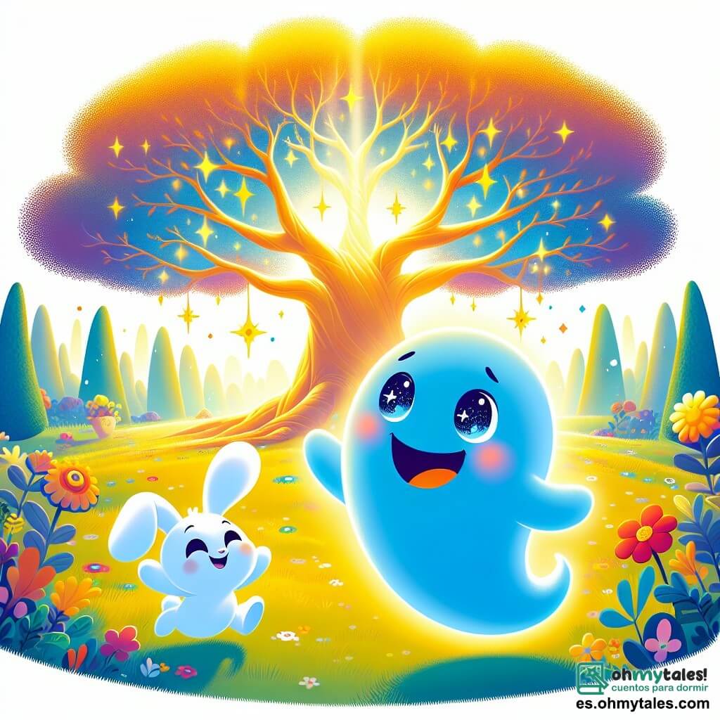 Un pequeño fantasma azul llamado Nube flota alegremente en un claro encantado, con una sonrisa radiante y ojos chispeantes de felicidad. Su cuerpo es translúcido y suave, como una nube, y emite un brillo cálido. A su lado, un pequeño conejo llamado Salta, un niño de grandes orejas y pelaje blanco, salta con entusiasmo, sus ojos brillando de curiosidad, listo para jugar. El lugar es un claro mágico, rodeado de árboles majestuosos con hojas brillantes, flores coloridas que bailan al ritmo del viento y un cielo dorado que ilumina la escena. En el centro, un árbol majestuoso, con ramas anchas y frondosas, parece dormido, con una corteza brillante que llama a ser despertada. La situación principal muestra a Nube y Salta frente al árbol mágico, Nube emitiendo una suave luz, mientras cantan juntos para despertar al árbol dormido, llenos de esperanza y amistad.