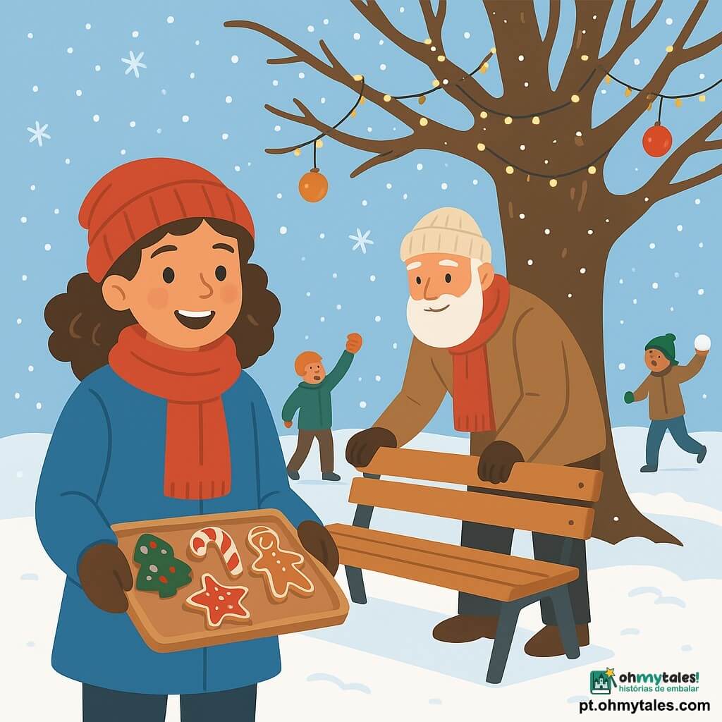 Uma menina de 10 ans, chamada Clara, com cabelos castanhos cacheados e um chapéu vermelho, sorri alegremente. Ela está vestida com um casaco de inverno azul e um cachecol vermelho, segurando uma bandeja de biscoitos de Natal decorados. Ao lado dela, um homem de cerca de 60 anos, o Senhor Joaquim, com barba branca e um gorro de lã, monta um banco de madeira sob uma grande árvore. A árvore é um velho carvalho majestoso, decorado com guirlandas luminosas cintilantes e bolas coloridas. Ao redor deles, crianças brincam na neve, jogando bolas de neve e rindo. O chão está coberto por uma espessa camada de neve branca, e o céu está salpicado de flocos de neve que caem suavemente. O ambiente é acolhedor e festivo, com luzes de Natal iluminando a cena.