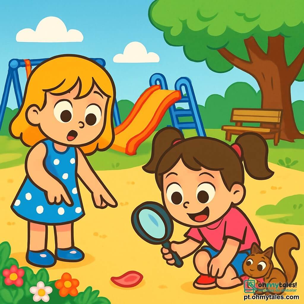 Há 2 personagens principais: Ana, uma menina de 7 anos com cabelos dourados como o sol, vestindo um vestido azul com bolinhas brancas, que está em pé, com os olhos arregalados, apontando para uma pétala no chão; e Bia, uma menina de 7 anos com cabelos castanhos presos em duas tranças, usando uma camiseta rosa e um short jeans, que está agachada, examinando a pétala com uma lupa, com um grande sorriso no rosto. A cena acontece em um parquinho colorido, cheio de balanços e escorregadores, com o chão coberto de areia dourada e flores multicoloridas ao longo do caminho. Ao fundo, uma grande árvore com folhas verdes brilhantes oferece sombra, e um pequeno banco de madeira está colocado sob suas ramas. A situação principal mostra Ana e Bia investigando a flor desaparecida, descobrindo uma pétala no chão, com olhares curiosos e excitados. Um pequeno esquilo marrom, com grandes olhos brilhantes, está juntando pétalas para seu ninho, adicionando um toque de magia à cena.