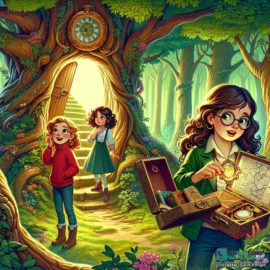 Em uma clareira encantada, três meninas estão juntas, prontas para a aventura. Clara, a líder, tem 10 anos, cabelos castanhos e óculos redondos, segurando um velho medalhão brilhante com curiosidade. Ao lado dela, Sofia, também de 10 anos, com cabelos loiros trançados e um suéter vermelho, examina um livro antigo com mapas, os olhos brilhando de empolgação. Por fim, Mia, uma menina de 9 anos com cabelos cacheados e um sorriso travesso, está vasculhando uma caixa cheia de cartas antigas, rindo alegremente. A clareira é cercada por majestosas árvores de folhas verdes brilhantes, com raios de sol filtrando pelas ramas, criando uma atmosfera mágica. No centro, uma grande árvore antiga com um tronco retorcido e uma porta secreta aberta, revelando uma escada em espiral que desce para um mundo misterioso. As três amigas descobrem um caminho secreto levando a uma sala escondida cheia de tesouros e segredos, prontas para desvendar o mistério do passado e viver novas aventuras juntas.