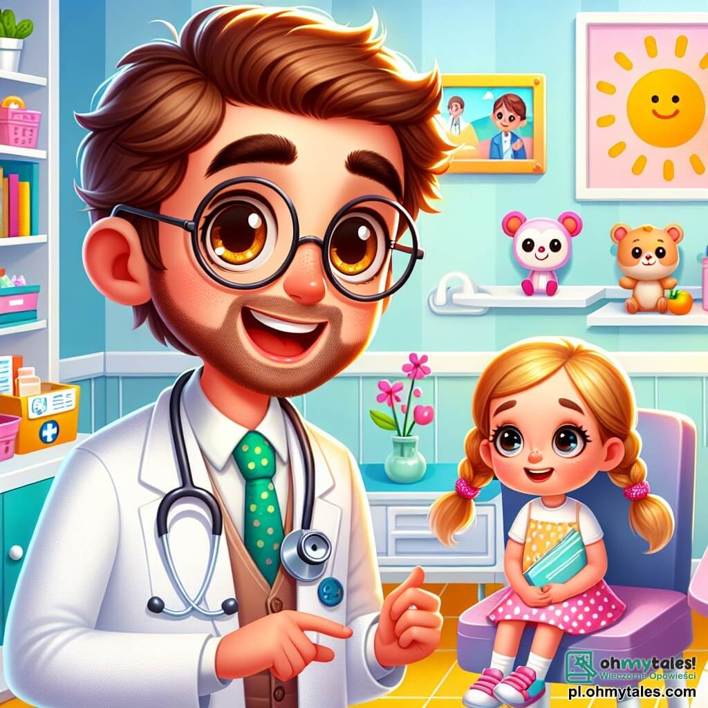 Mężczyzna, doktor Bartek, uśmiechnięty i serdeczny, nosi biały fartuch, stetoskop na szyi i okrągłe okulary. Ma lekko rozczochrane brązowe włosy i błyszczące oczy pełne życzliwości. Stoi w swoim gabinecie, otoczony kolorowymi plakatami o zdrowiu. Obok niego mała dziewczynka, około 7-letnia, z warkoczami blond włosów, z ciekawością przygląda się plakatom. Ma na sobie różową sukienkę w kropki i trzyma w ręce kredkę, gotowa do rysowania. Chłopiec, 5-letni, z brązowymi lokami i niebieską koszulką, siedzi na krześle z nieśmiałym uśmiechem, bawiąc się zabawką w kształcie lekarza. Gabinet jest jasny i przytulny, ze ścianami pomalowanymi na pastelowy żółty kolor, półkami pełnymi książek i zabawek medycznych oraz dużym oknem wpuszczającym światło słoneczne. W tej scenie doktor Bartek radośnie tłumaczy dzieciom znaczenie mycia rąk i jedzenia owoców, podczas gdy one uważnie słuchają, zafascynowane jego słowami.