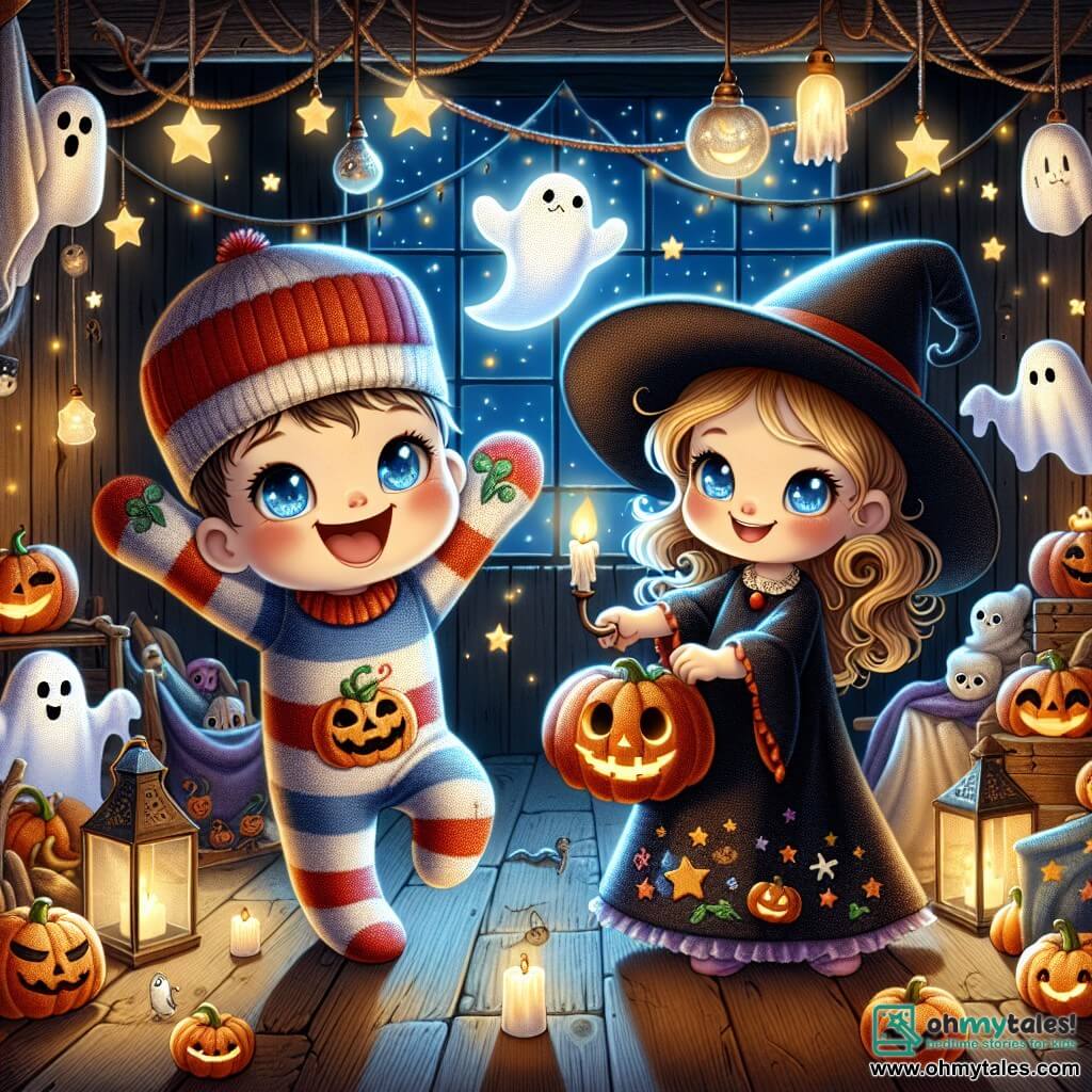 An illustration depicts a little boy shaped like a sock, with sparkling blue eyes and a wide red embroidered smile, joyfully jumping with his arms raised in a festive Halloween atmosphere. Next to him is a little girl with curly golden hair, dressed as a witch with a pointed hat, smiling in wonder while holding a pumpkin-shaped lantern. In the background, a translucent little ghost with curious eyes floats happily, adding a touch of magic to the scene. The main setting is an old attic filled with forgotten treasures, featuring dark wooden walls, sparkling cobwebs, and a ceiling decorated with softly glowing painted stars. The main action shows the boy and girl decorating the attic for Halloween, surrounded by twinkling lanterns and spooky decorations, creating a joyful and magical atmosphere. Additional elements include carved pumpkins, paper ghost garlands, and a soft light illuminating the room, making it warm and inviting.