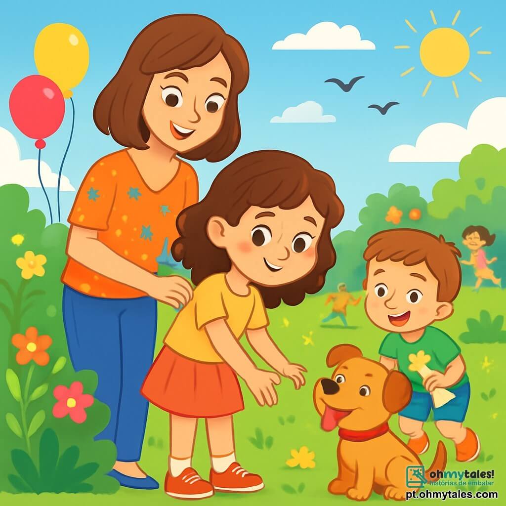 Uma menina de 8 anos, Sofia, com cabelos castanhos cacheados e olhos brilhantes, está no centro da imagem, com um sorriso tímido no rosto e as bochechas levemente rosadas de excitação. Ela estende a mão para um cachorro amigável, um pequeno cão de pelo marrom claro chamado Tobi, que está aos seus pés, com a língua de fora e um olhar alegre. Ao lado dela, sua mãe, uma mulher de cerca de trinta anos com cabelos castanhos e uma blusa colorida, a encoraja com um sorriso caloroso, mantendo-se um pouco afastada para dar espaço. Um menino pequeno, Tomás, seu irmão de 5 anos, está brincando com um brinquedo em forma de osso a alguns passos, rindo e chamando a atenção de Tobi. A cena acontece em um jardim ensolarado, cheio de flores coloridas, vegetação luxuriante e balões flutuantes, criando uma atmosfera alegre e festiva. Ao fundo, crianças brincam e correm, acrescentando à festa. Sofia, com uma mistura de excitação e nervosismo, está prestes a acariciar Tobi pela primeira vez, superando seu medo de cães, enquanto o sol brilha e pássaros cantam no céu azul.